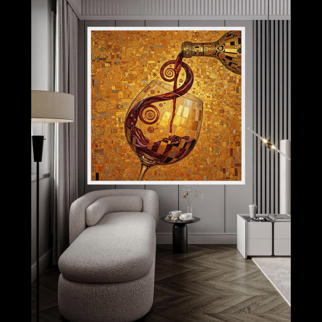 Gustav Klimt Wine Pour Canvas, Decorative Wine Glass Wall Art, Abstract Golden Background, Alcohol Beverage Canvas, Home Bar Ready To Hang,