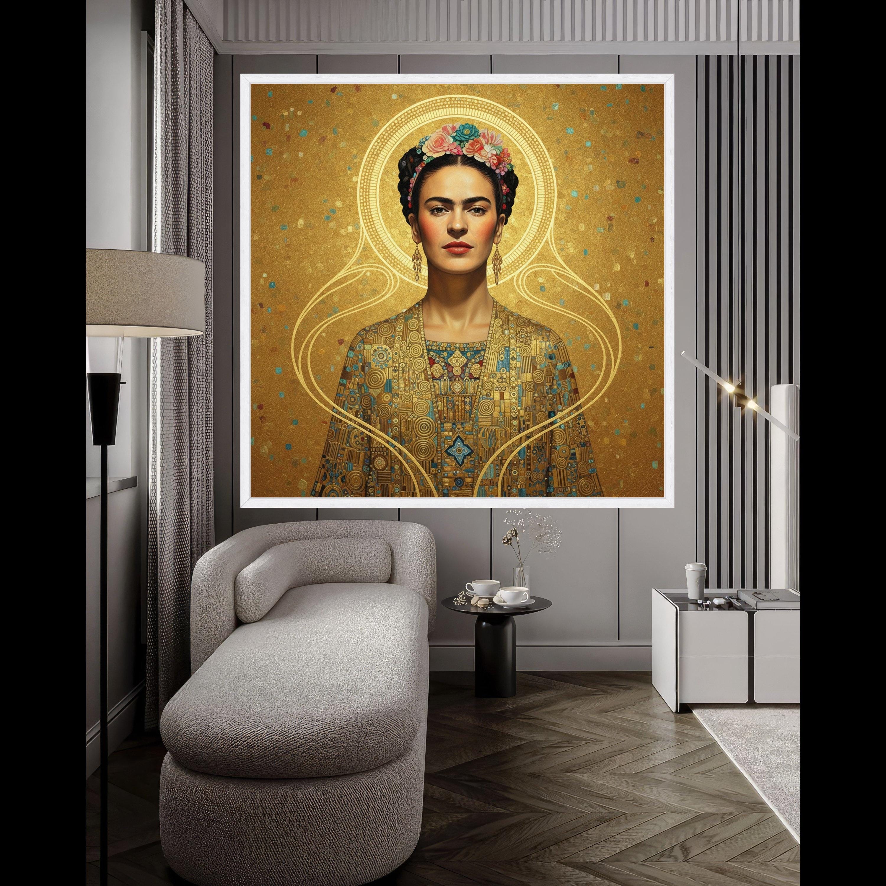 Gustav Klimt Inspired Portrait Canvas, Golden Geometric Pattern Wall Art, Decorative Female Figure, Luxe Home Decoration Ready To Hang,