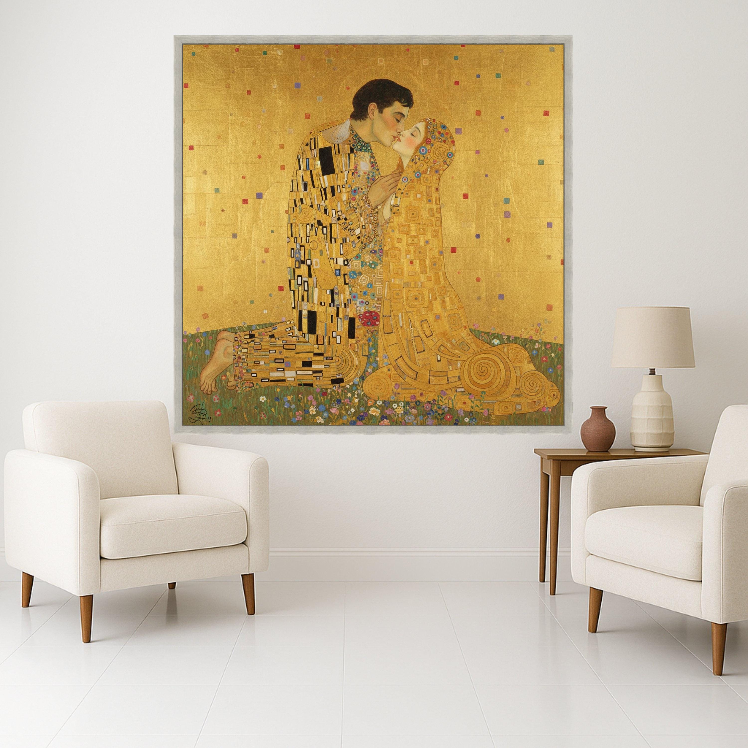 Gustav Klimt The Kiss Canvas Wall Art, Romantic Gold Leaf Painting, Lovers Embrace Canvas, Decorative Art for Home, Ready to Ready To Hang,