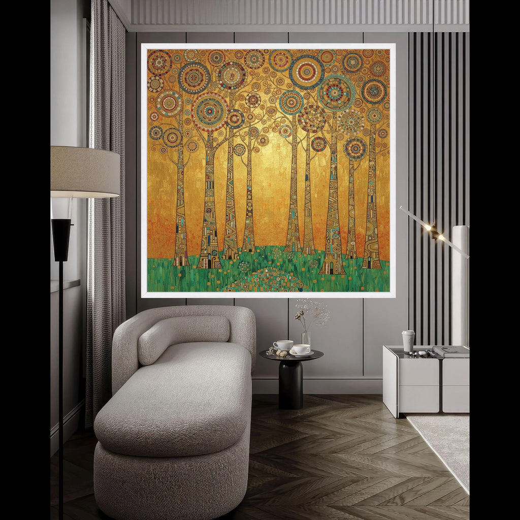 Gustav Klimt Trees Canvas Wall Art, Geometric Forest Print, Abstract Nature Painting, Golden Home Decor, Modern Wall Ready To Hang,