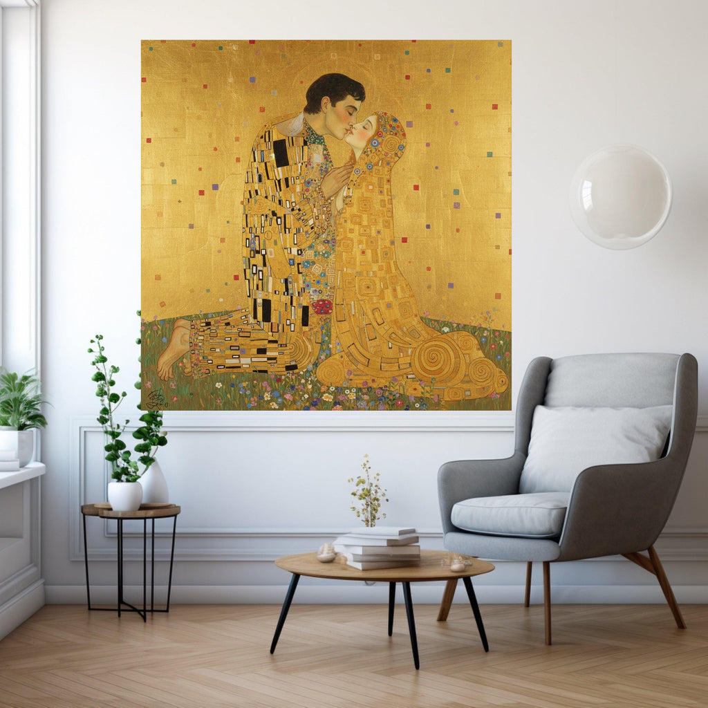 Gustav Klimt The Kiss Canvas Wall Art, Romantic Gold Leaf Painting, Lovers Embrace Canvas, Decorative Art for Home, Ready to Ready To Hang,