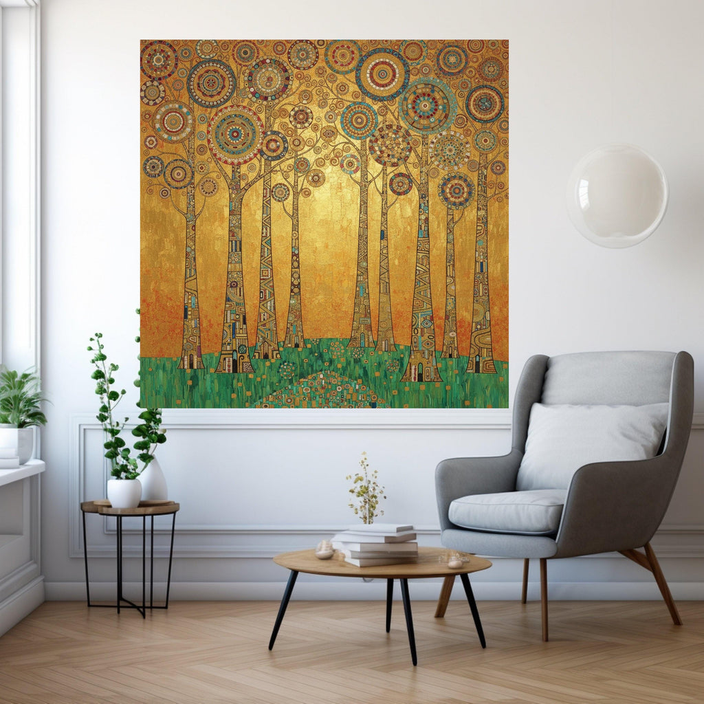 Gustav Klimt Trees Canvas Wall Art, Geometric Forest Print, Abstract Nature Painting, Golden Home Decor, Modern Wall Ready To Hang,