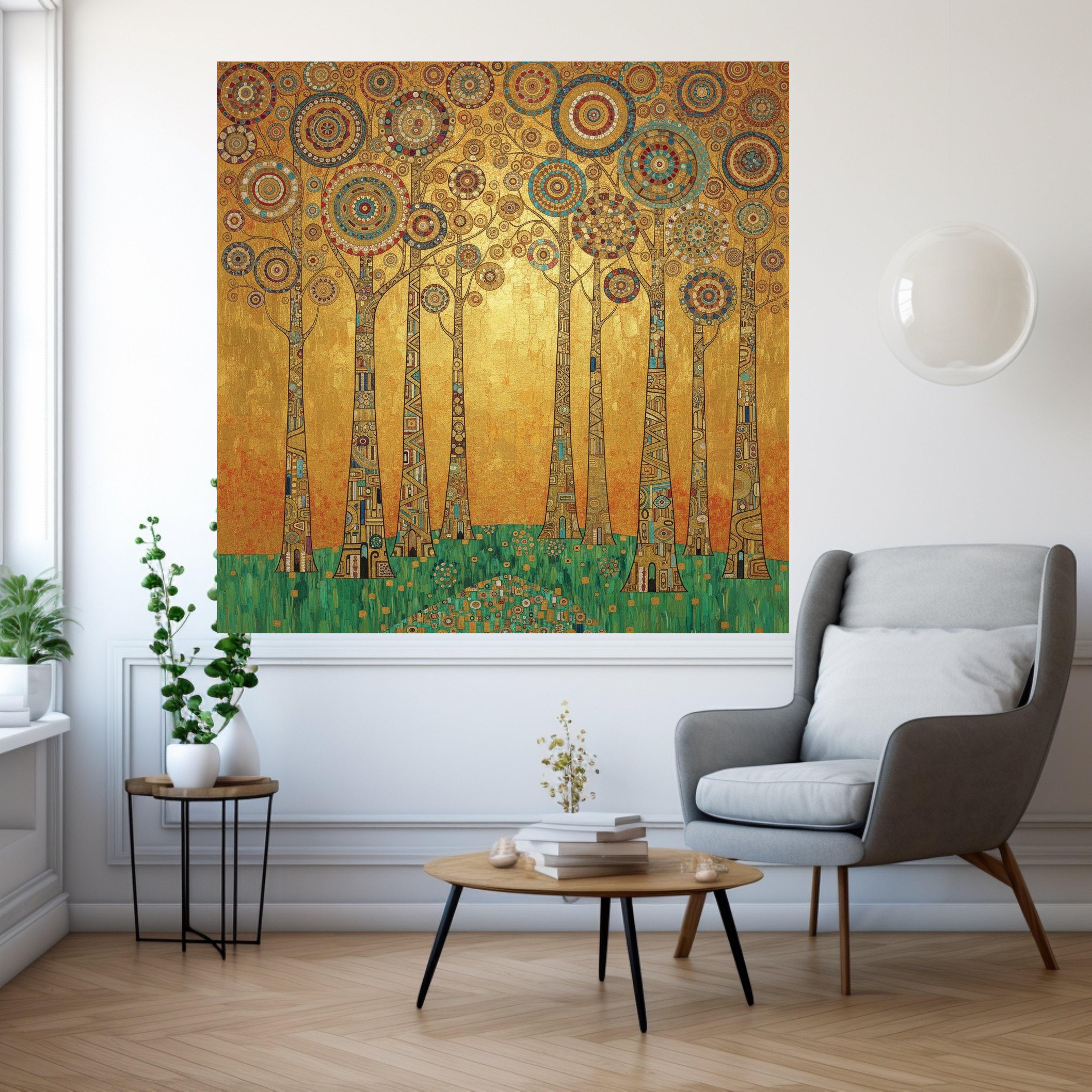 Gustav Klimt Trees Canvas Wall Art, Geometric Forest Print, Abstract Nature Painting, Golden Home Decor, Modern Wall Ready To Hang,