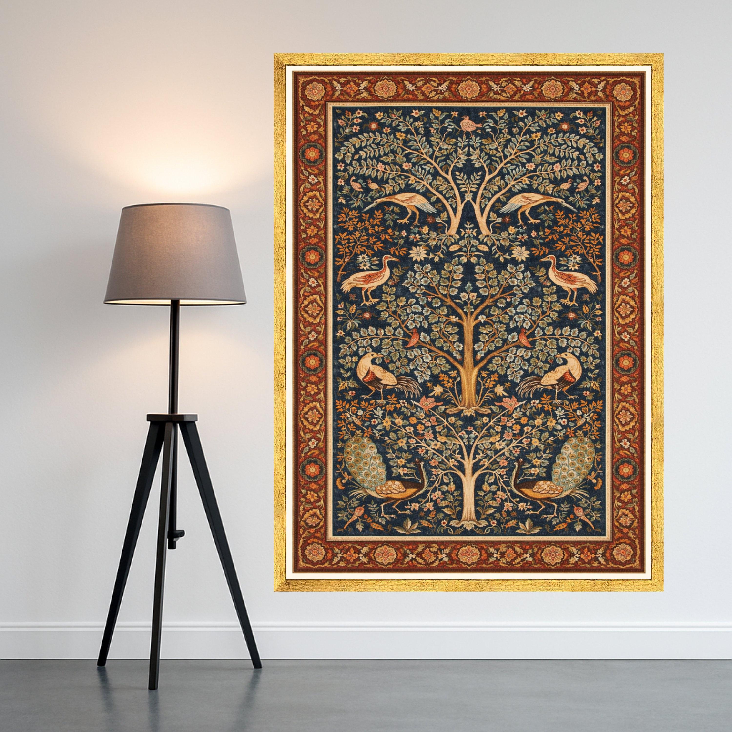 Ornate Tree of Life Canvas, Vintage Peacock & Crane Wall Art, Floral Botanical Tapestry Design, Elegant Nature Canvas Ready To Hang,