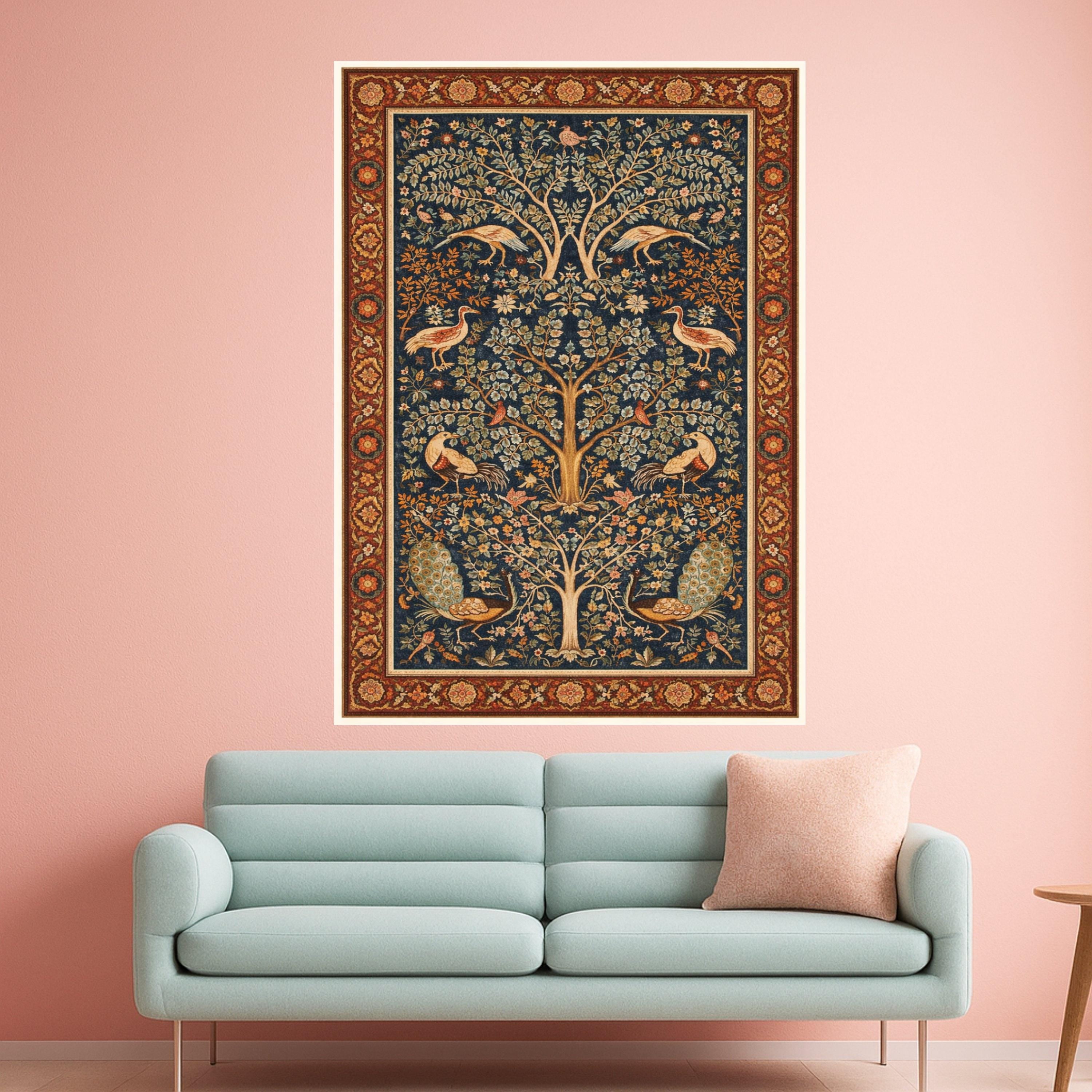 Ornate Tree of Life Canvas, Vintage Peacock & Crane Wall Art, Floral Botanical Tapestry Design, Elegant Nature Canvas Ready To Hang,