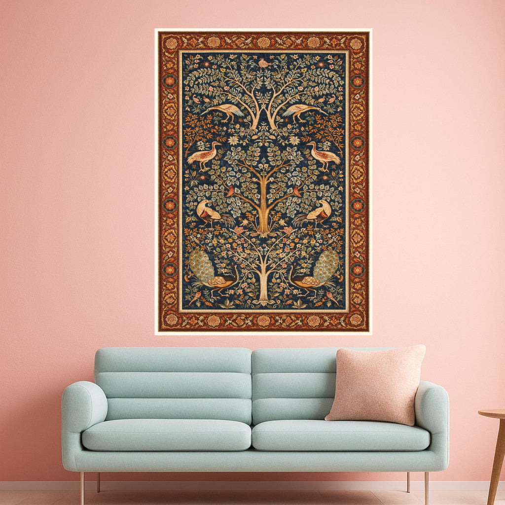 Ornate Tree of Life Canvas, Vintage Peacock & Crane Wall Art, Floral Botanical Tapestry Design, Elegant Nature Canvas Ready To Hang,
