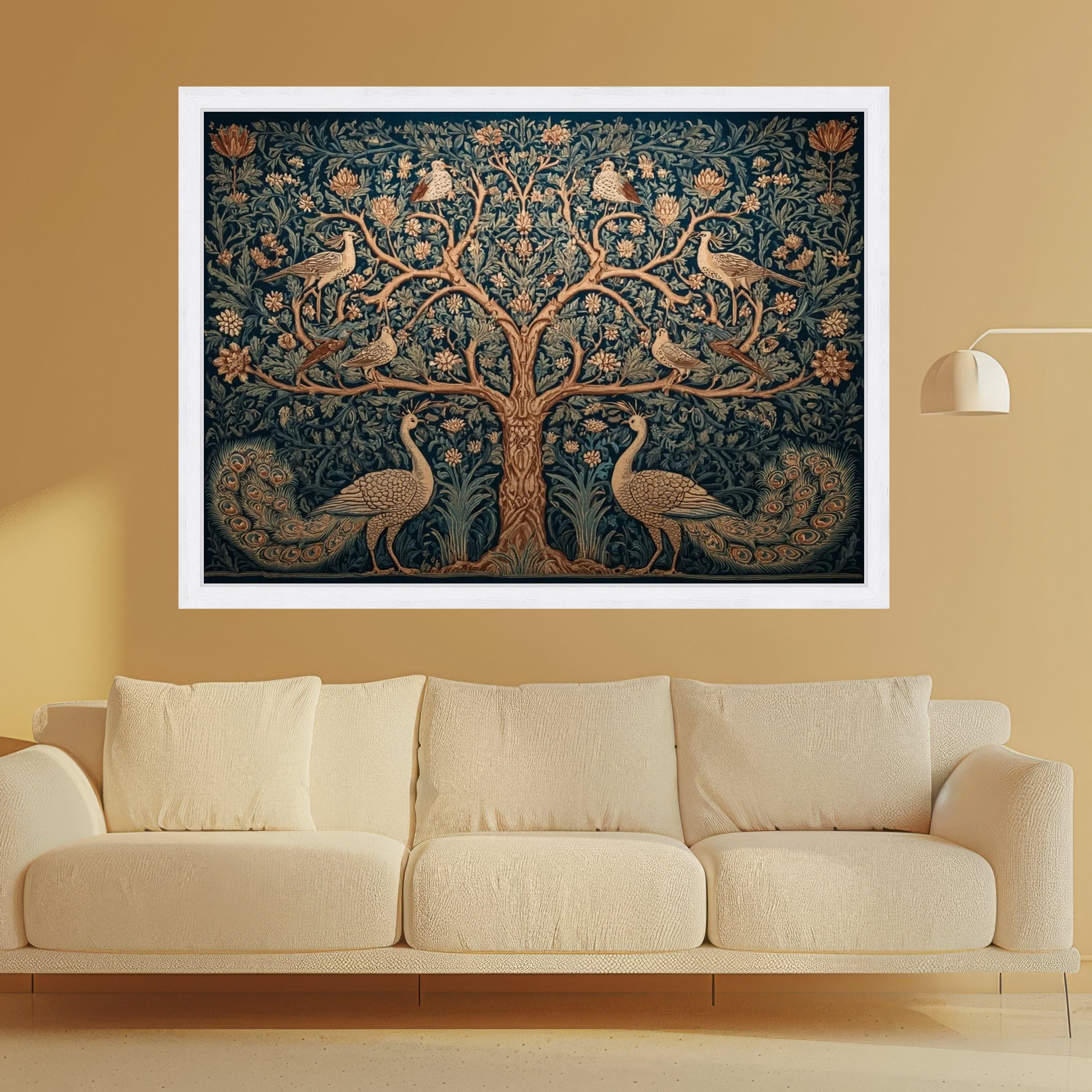 Ornate Tree of Life Canvas, Vintage Peacock & Floral Wall Art, Botanical Nature Tapestry Design, Elegant Living Room Ready To Hang,