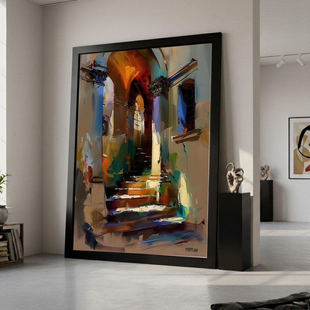 Abstract Mediterranean Stairway Canvas, Colorful Archway Wall Art, Urban Landscape, Modern Home Decoration, Ready to Hang Ready To Hang,