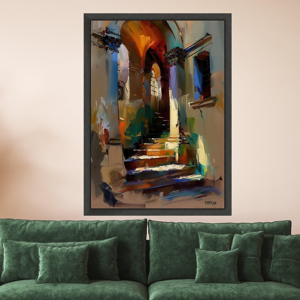 Abstract Mediterranean Stairway Canvas, Colorful Archway Wall Art, Urban Landscape, Modern Home Decoration, Ready to Hang Ready To Hang,