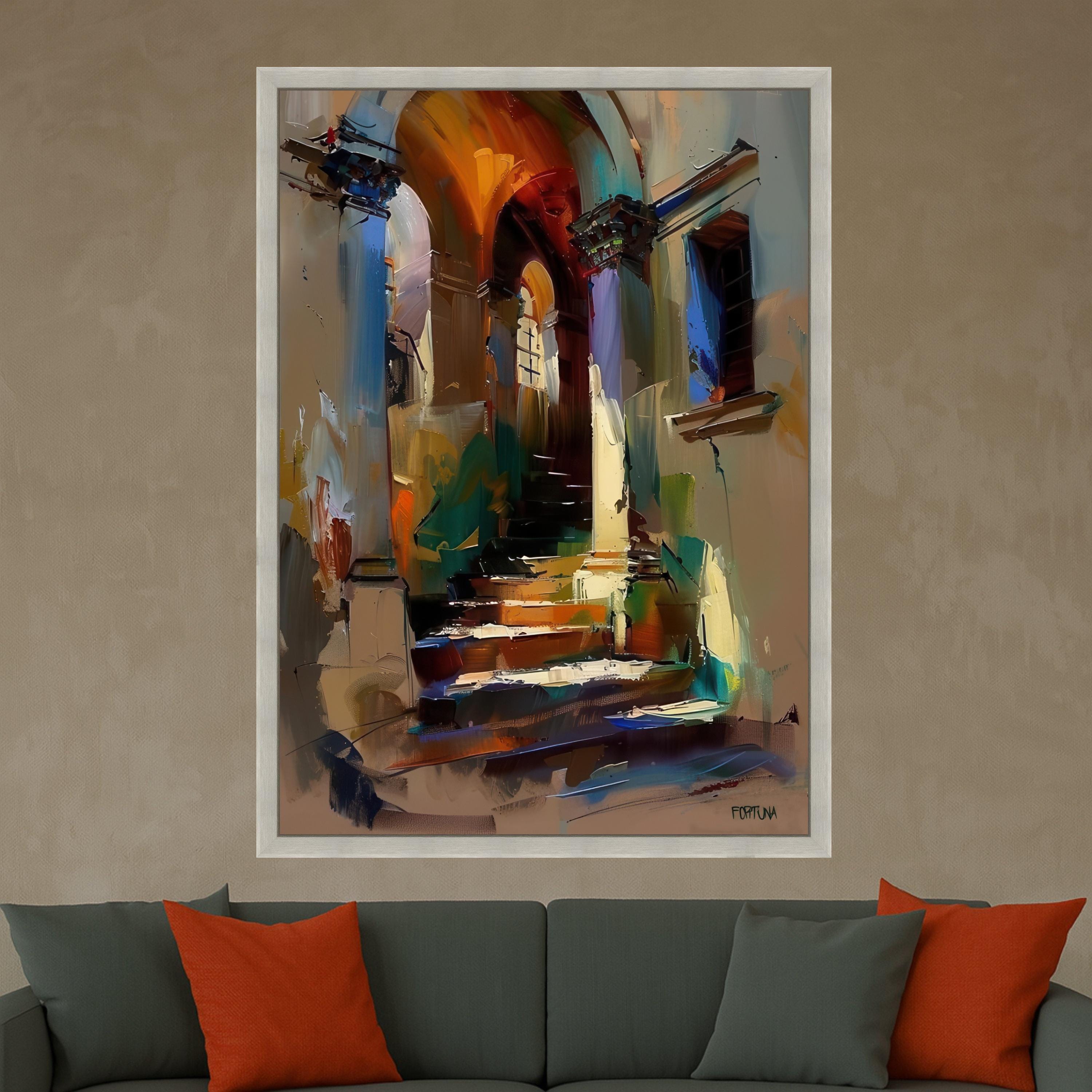 Abstract Mediterranean Stairway Canvas, Colorful Archway Wall Art, Urban Landscape, Modern Home Decoration, Ready to Hang Ready To Hang,