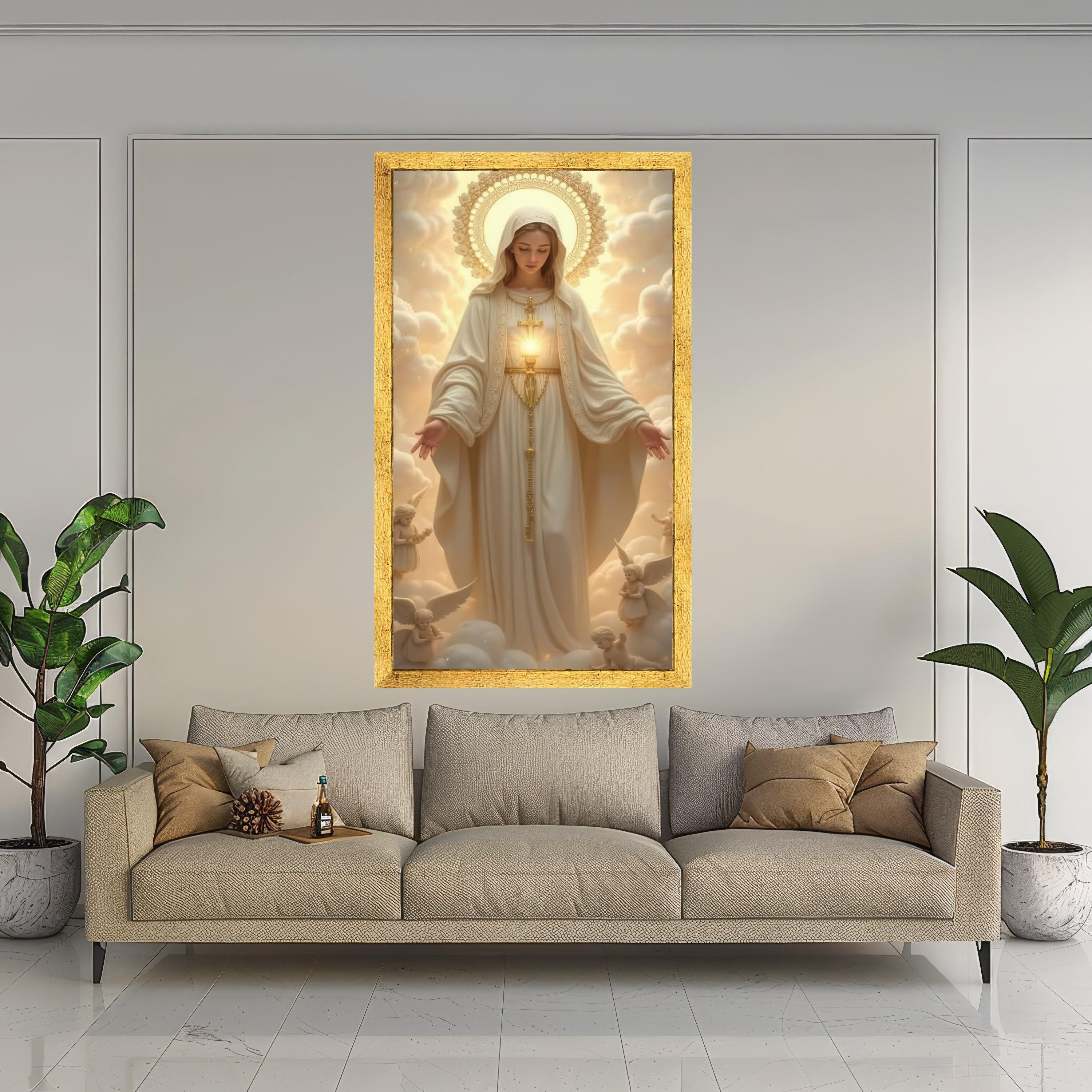 Virgin Mary Canvas Wall Art, Religious Catholic Art Print, Divine Mother Painting, Angelic Halo Decor, Spiritual Home Ready To Hang,