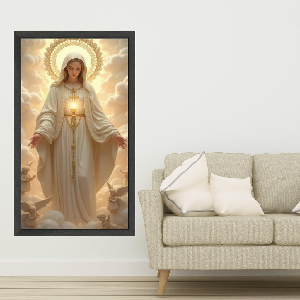 Virgin Mary Canvas Wall Art, Religious Catholic Art Print, Divine Mother Painting, Angelic Halo Decor, Spiritual Home Ready To Hang,
