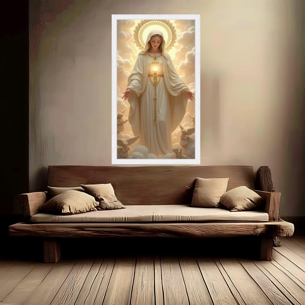 Virgin Mary Canvas Wall Art, Religious Catholic Art Print, Divine Mother Painting, Angelic Halo Decor, Spiritual Home Ready To Hang,