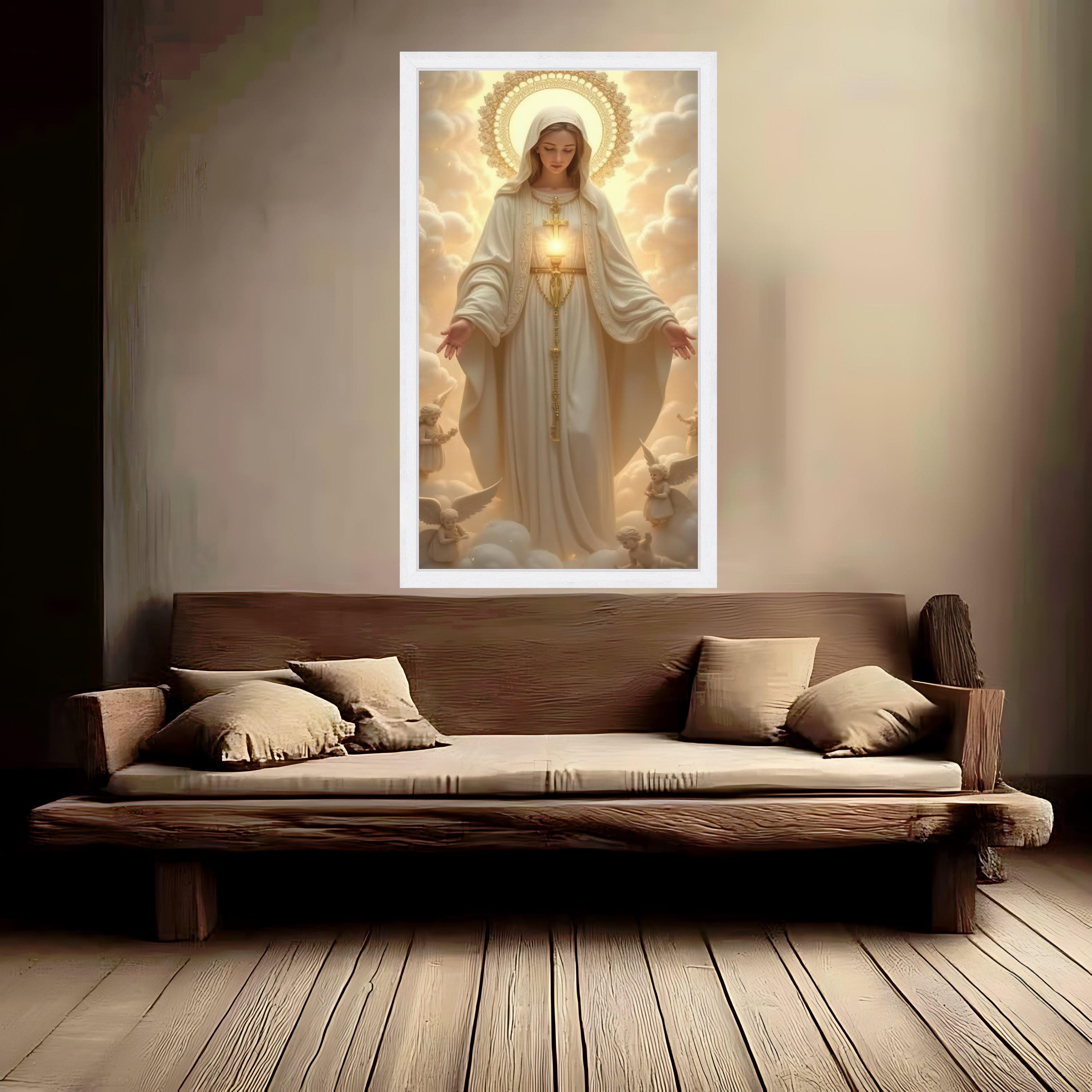 Virgin Mary Canvas Wall Art, Religious Catholic Art Print, Divine Mother Painting, Angelic Halo Decor, Spiritual Home Ready To Hang,