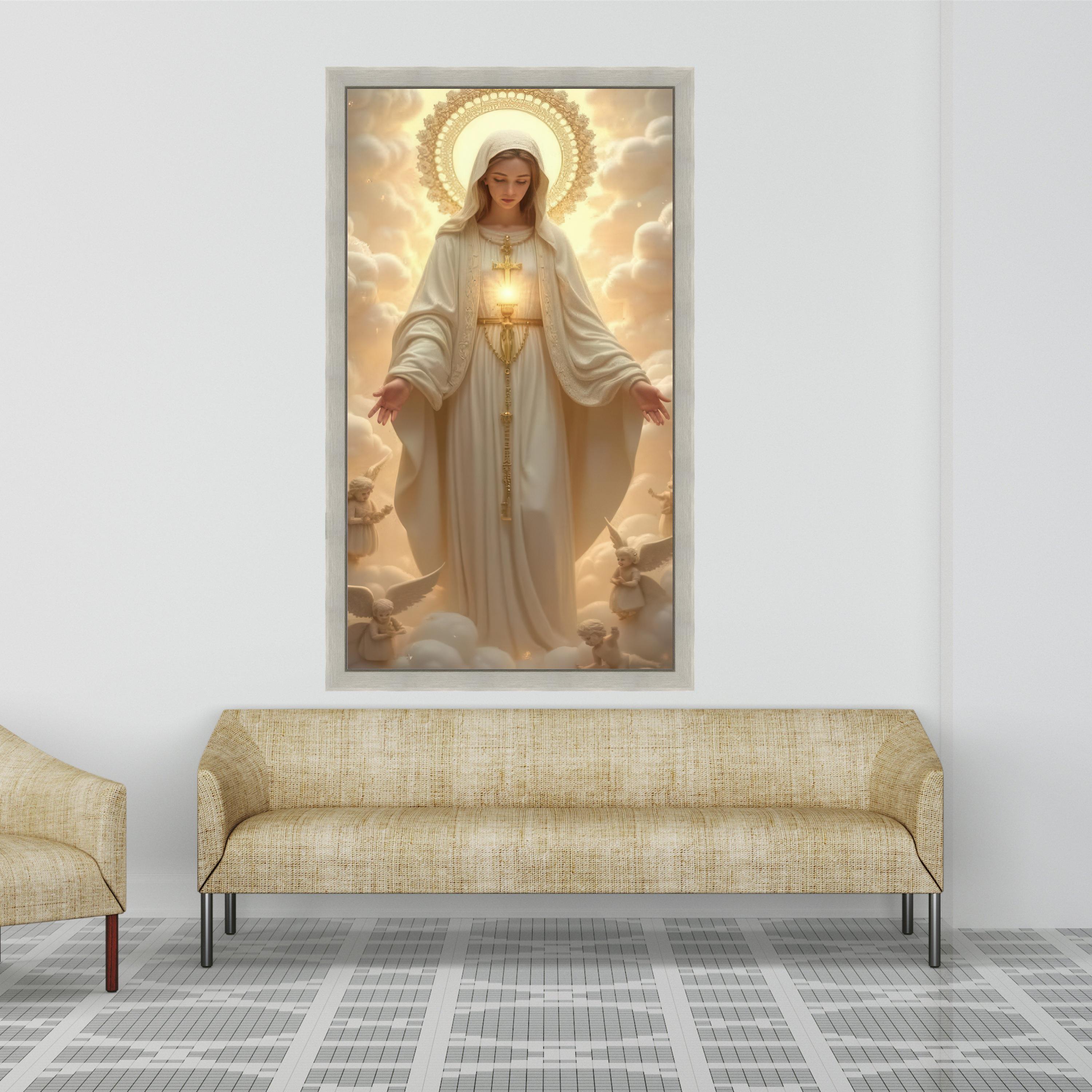 Virgin Mary Canvas Wall Art, Religious Catholic Art Print, Divine Mother Painting, Angelic Halo Decor, Spiritual Home Ready To Hang,