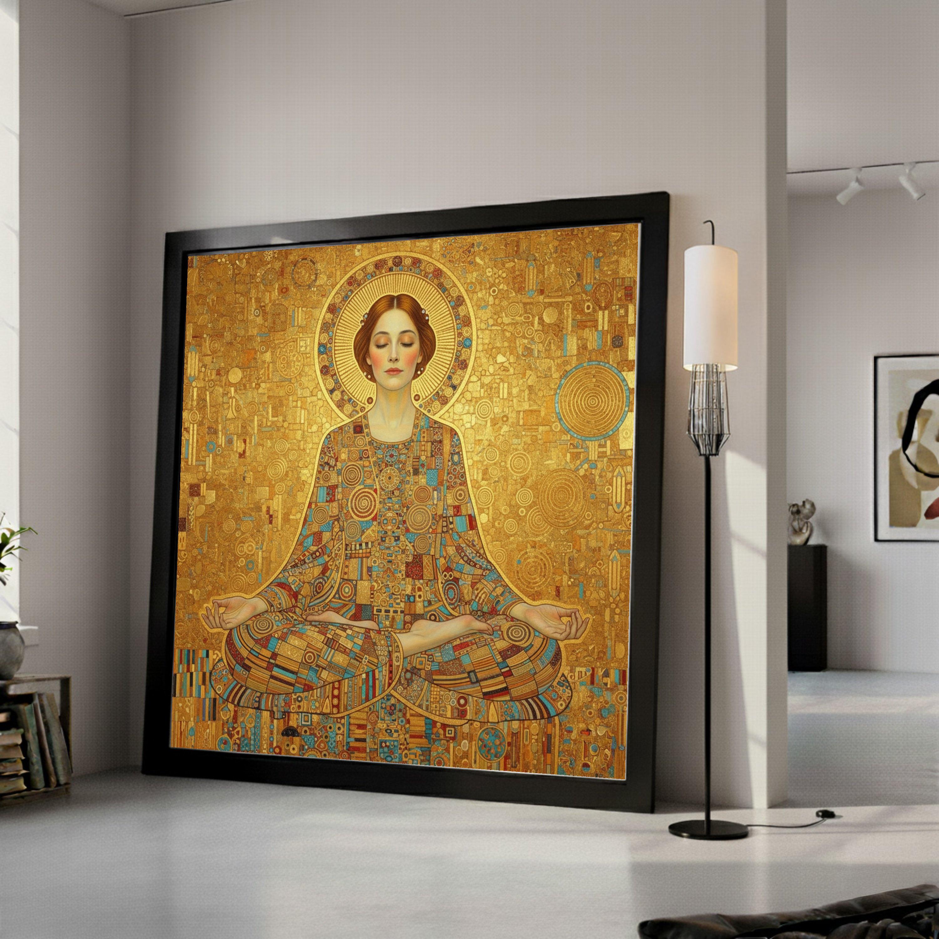 Meditative Woman in Gold Mosaic, Abstract Spiritual Canvas Art, Geometric Pattern Wall Decor, Modern Meditation Canvas, Yoga Ready To Hang,