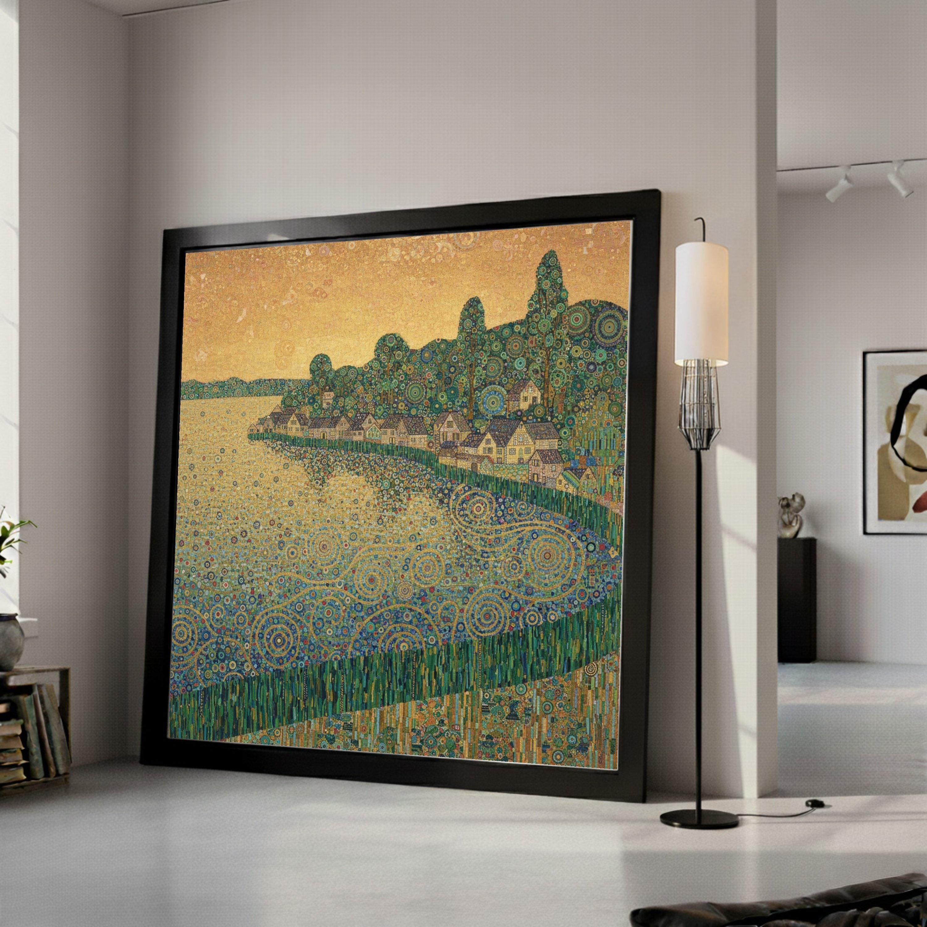 Enchanted Lakeside Village Canvas, Abstract Geometric Landscape Art, Modern Decorative Wall Art, Home Décor, Vibrant Nature Ready To Hang,
