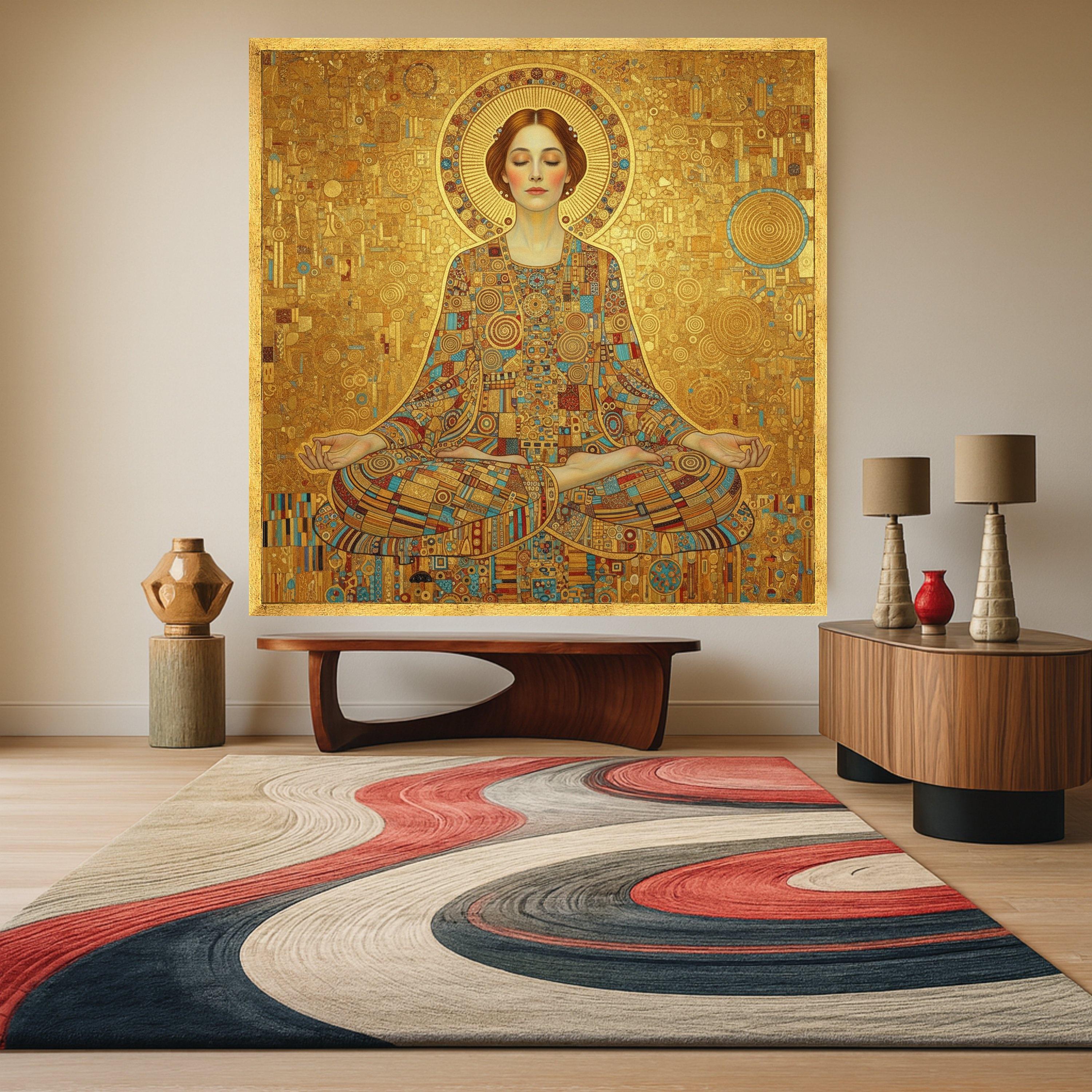 Meditative Woman in Gold Mosaic, Abstract Spiritual Canvas Art, Geometric Pattern Wall Decor, Modern Meditation Canvas, Yoga Ready To Hang,