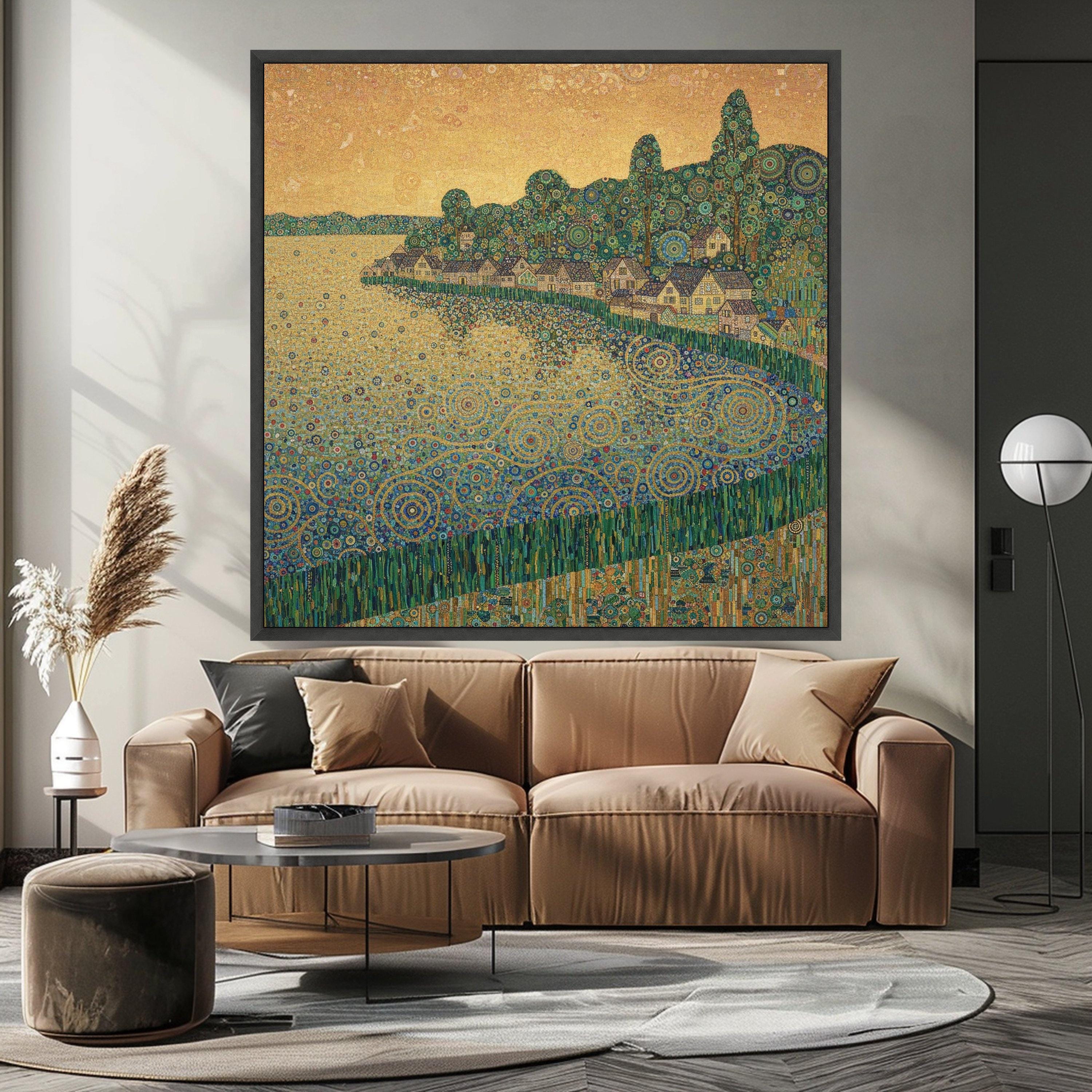 Enchanted Lakeside Village Canvas, Abstract Geometric Landscape Art, Modern Decorative Wall Art, Home Décor, Vibrant Nature Ready To Hang,