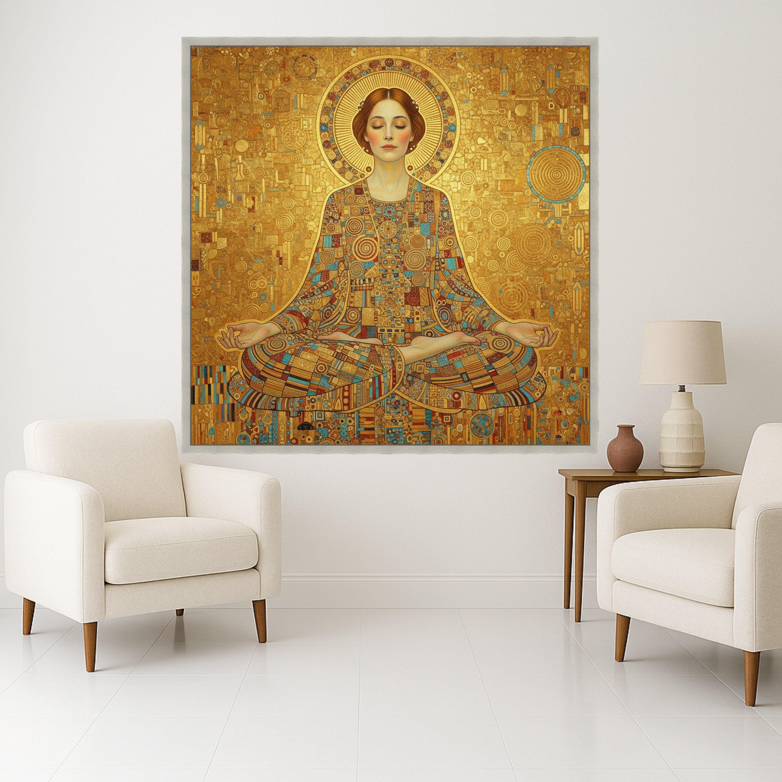 Meditative Woman in Gold Mosaic, Abstract Spiritual Canvas Art, Geometric Pattern Wall Decor, Modern Meditation Canvas, Yoga Ready To Hang,