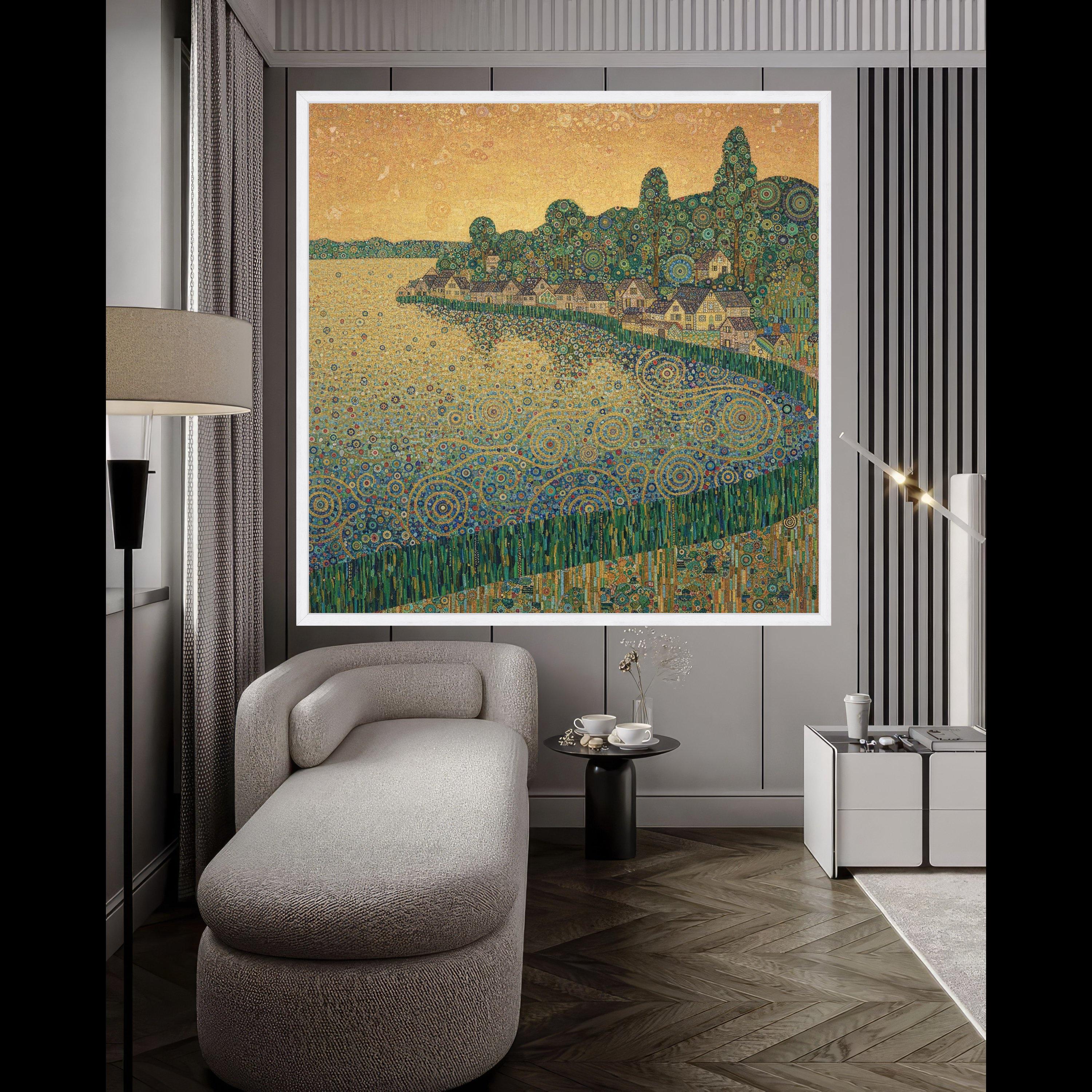 Enchanted Lakeside Village Canvas, Abstract Geometric Landscape Art, Modern Decorative Wall Art, Home Décor, Vibrant Nature Ready To Hang,