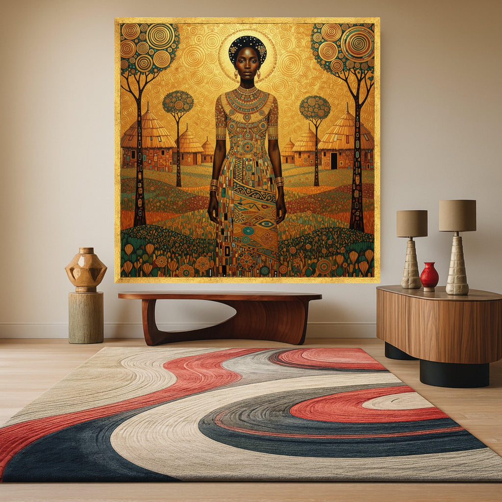 African Queen Portrait Canvas, Tribal Woman Wall Art, Ethnic Village Landscape, Bohemian Home Decor, Artistic Canvas Ready To Hang,