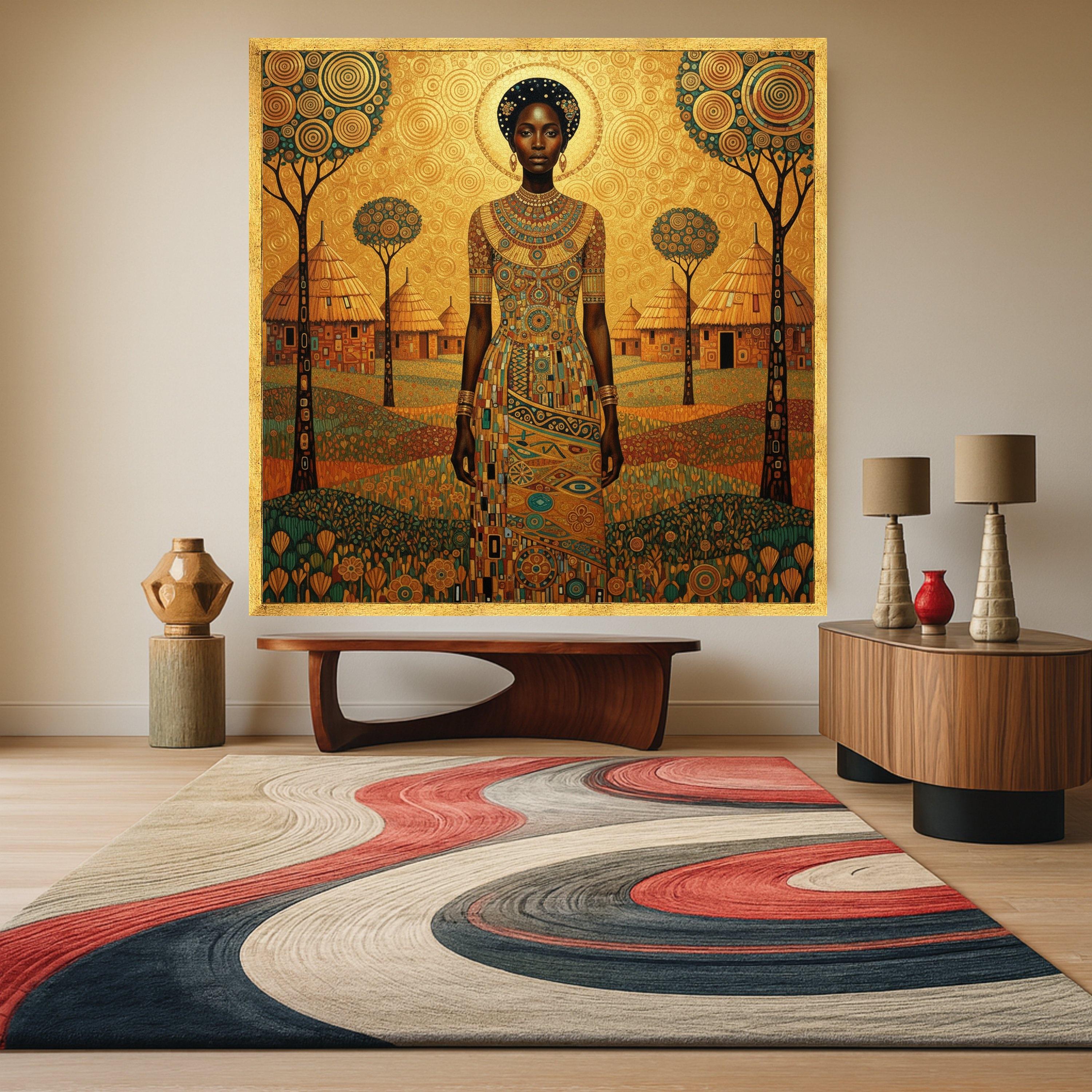 African Queen Portrait Canvas, Tribal Woman Wall Art, Ethnic Village Landscape, Bohemian Home Decor, Artistic Canvas Ready To Hang,