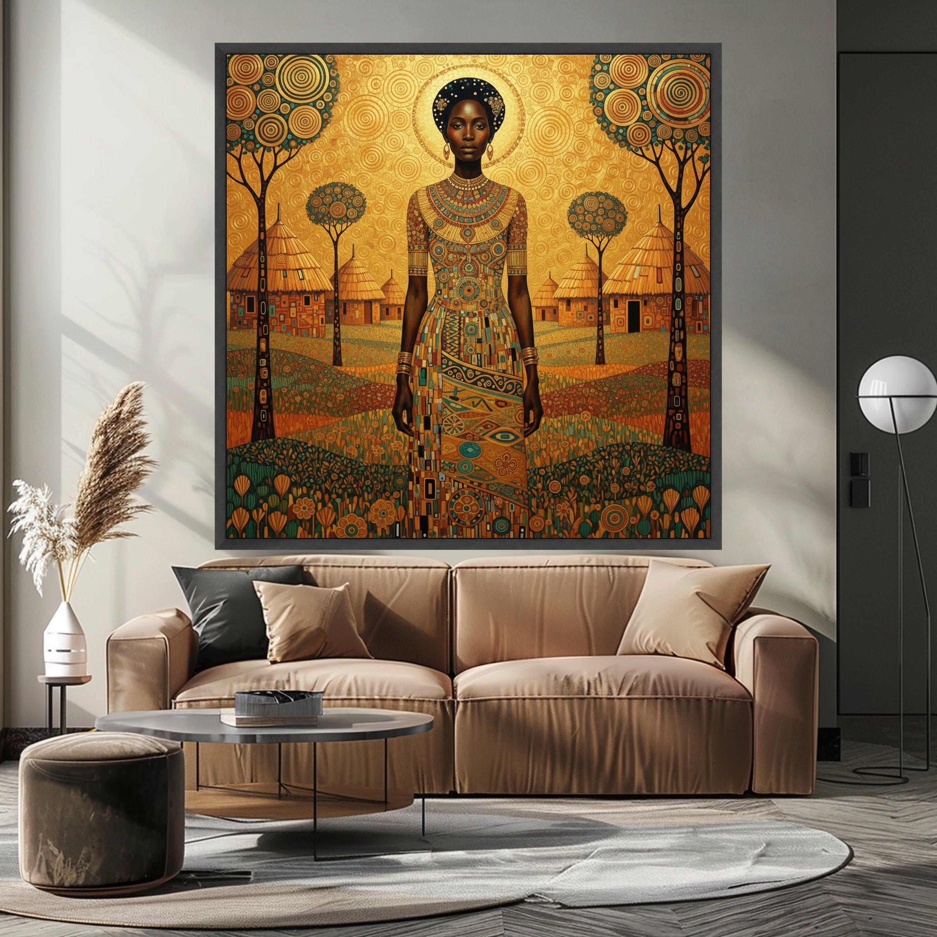 African Queen Portrait Canvas, Tribal Woman Wall Art, Ethnic Village Landscape, Bohemian Home Decor, Artistic Canvas Ready To Hang,