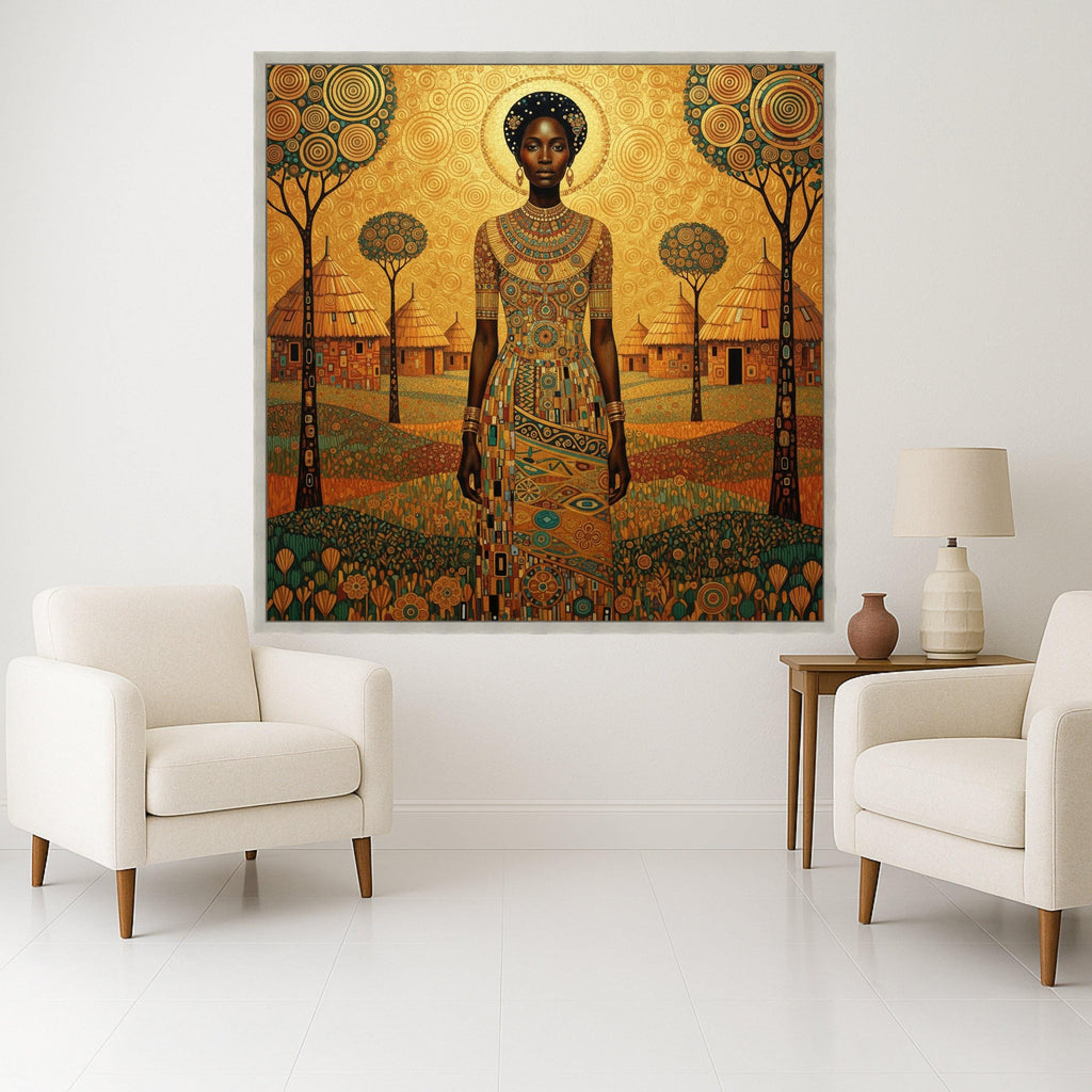 African Queen Portrait Canvas, Tribal Woman Wall Art, Ethnic Village Landscape, Bohemian Home Decor, Artistic Canvas Ready To Hang,