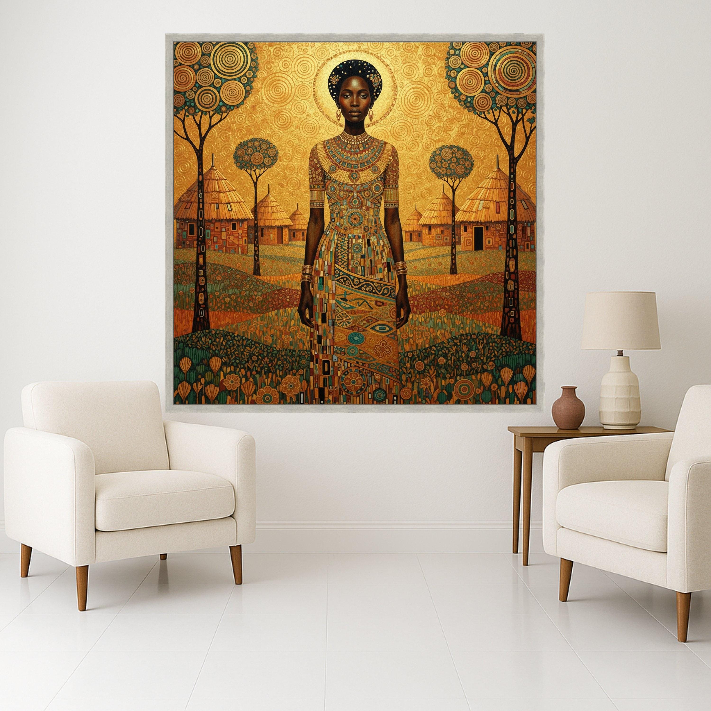African Queen Portrait Canvas, Tribal Woman Wall Art, Ethnic Village Landscape, Bohemian Home Decor, Artistic Canvas Ready To Hang,