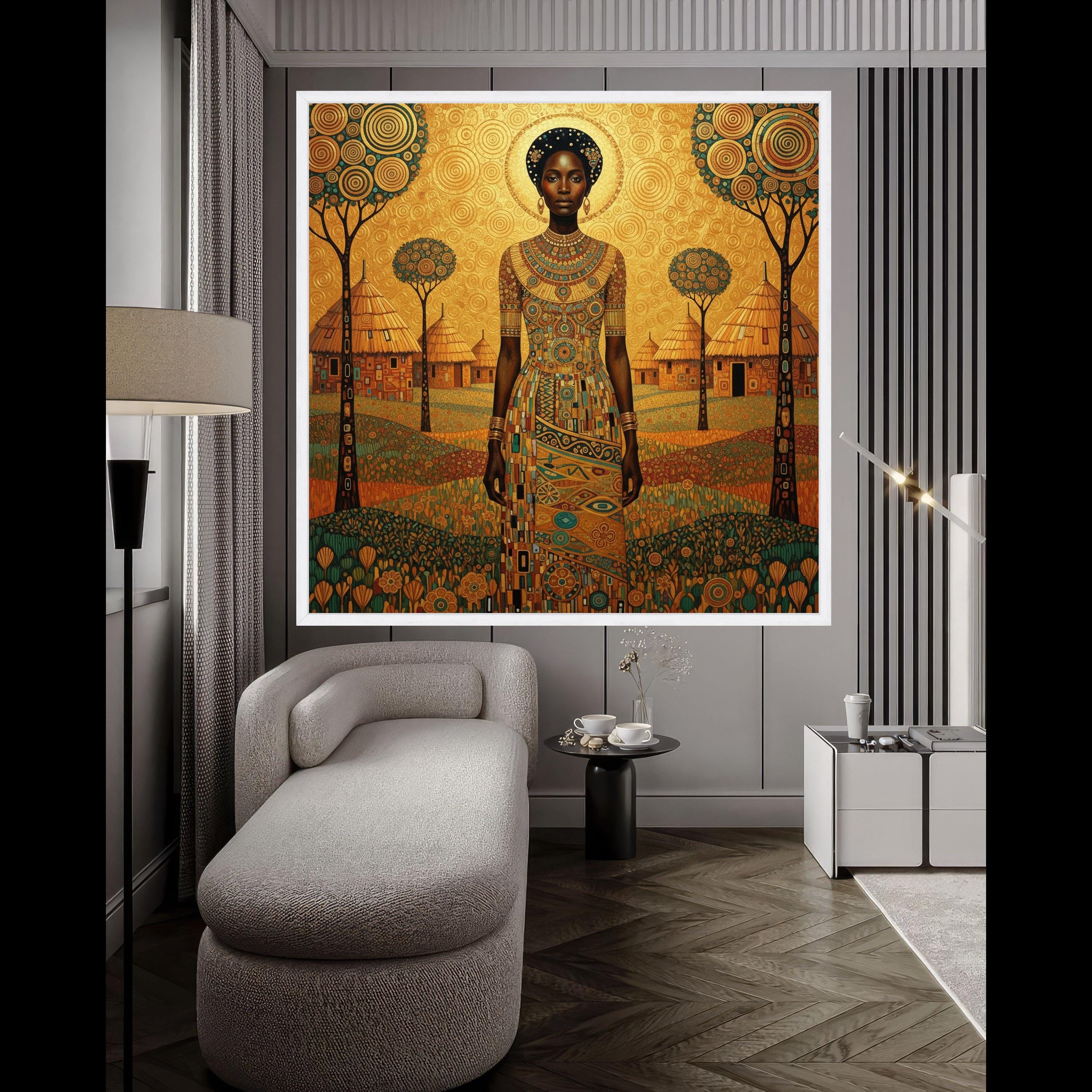 African Queen Portrait Canvas, Tribal Woman Wall Art, Ethnic Village Landscape, Bohemian Home Decor, Artistic Canvas Ready To Hang,