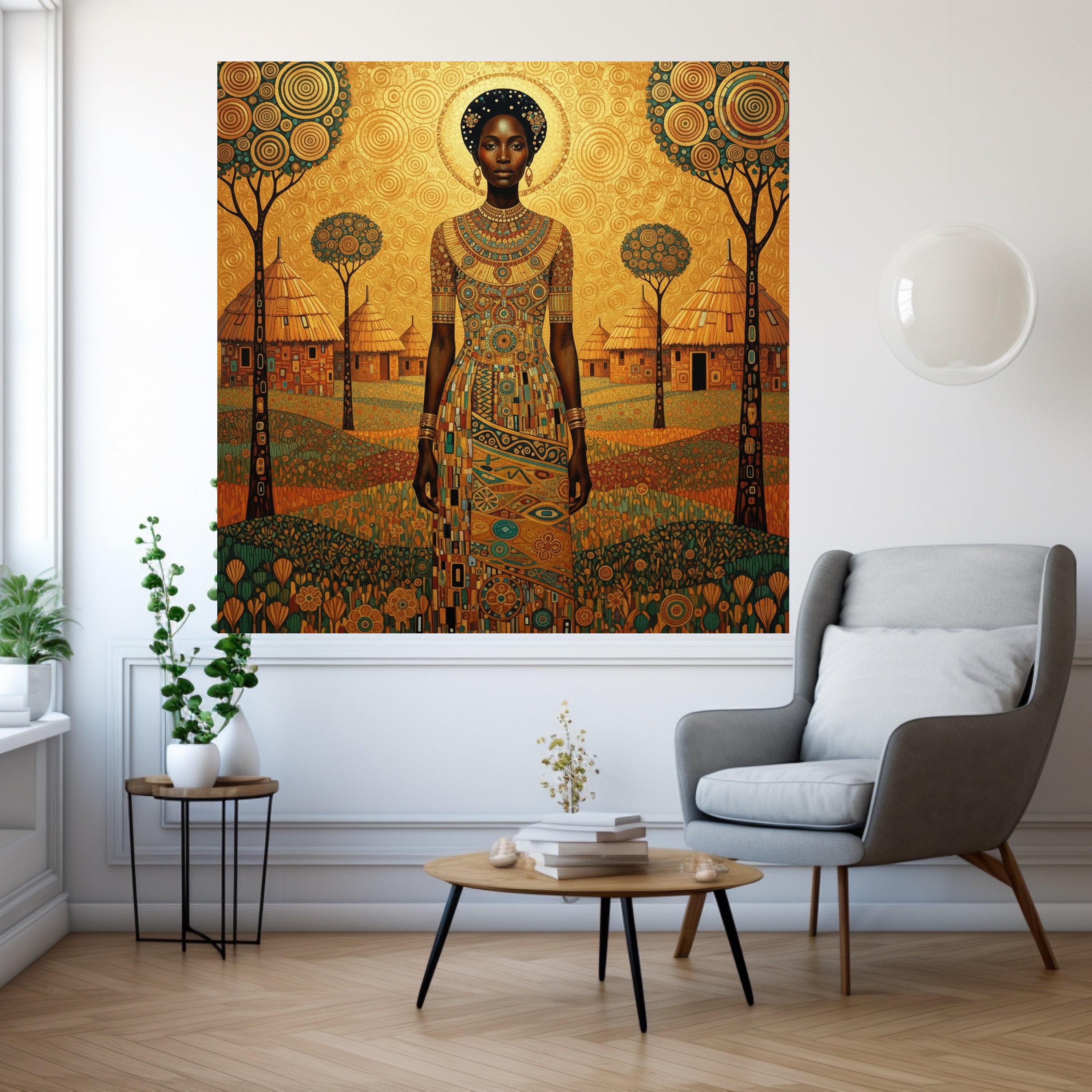 African Queen Portrait Canvas, Tribal Woman Wall Art, Ethnic Village Landscape, Bohemian Home Decor, Artistic Canvas Ready To Hang,