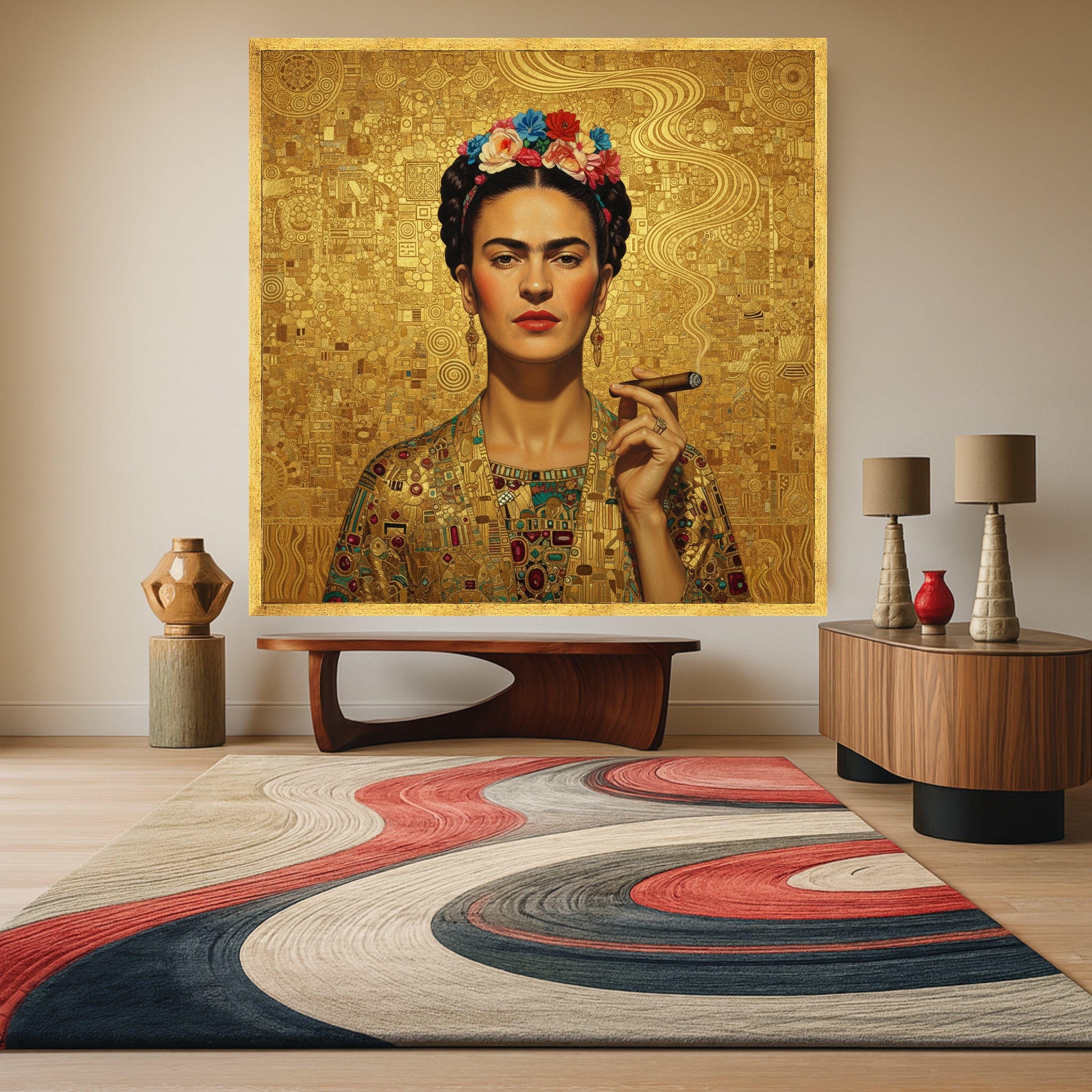 Frida Kahlo Inspired Portrait Canvas, Modern Abstract Gold Art, Floral Crown Wall Art, Cuban Cigar Smoking, Decorative Canvas Ready To Hang,