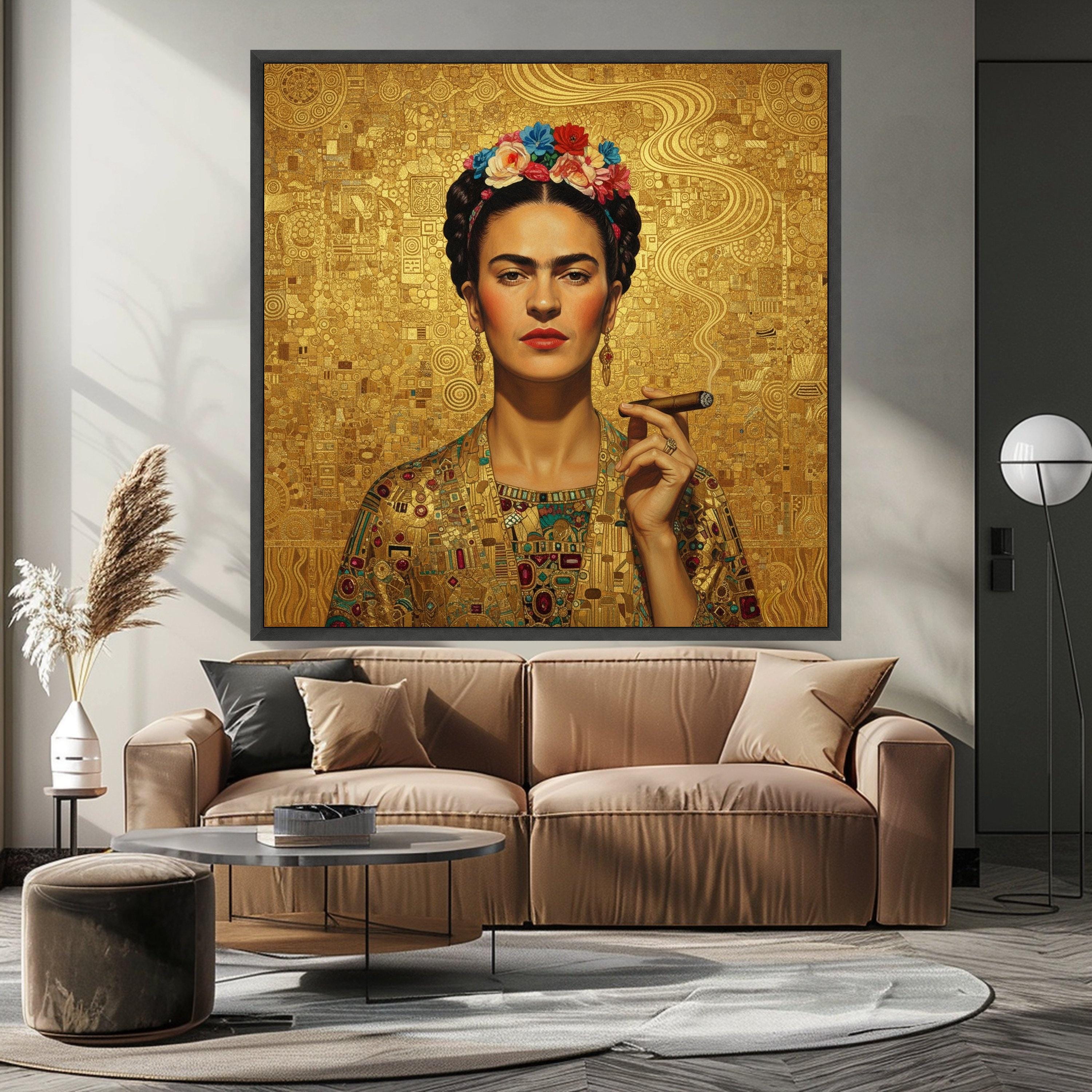 Frida Kahlo Inspired Portrait Canvas, Modern Abstract Gold Art, Floral Crown Wall Art, Cuban Cigar Smoking, Decorative Canvas Ready To Hang,