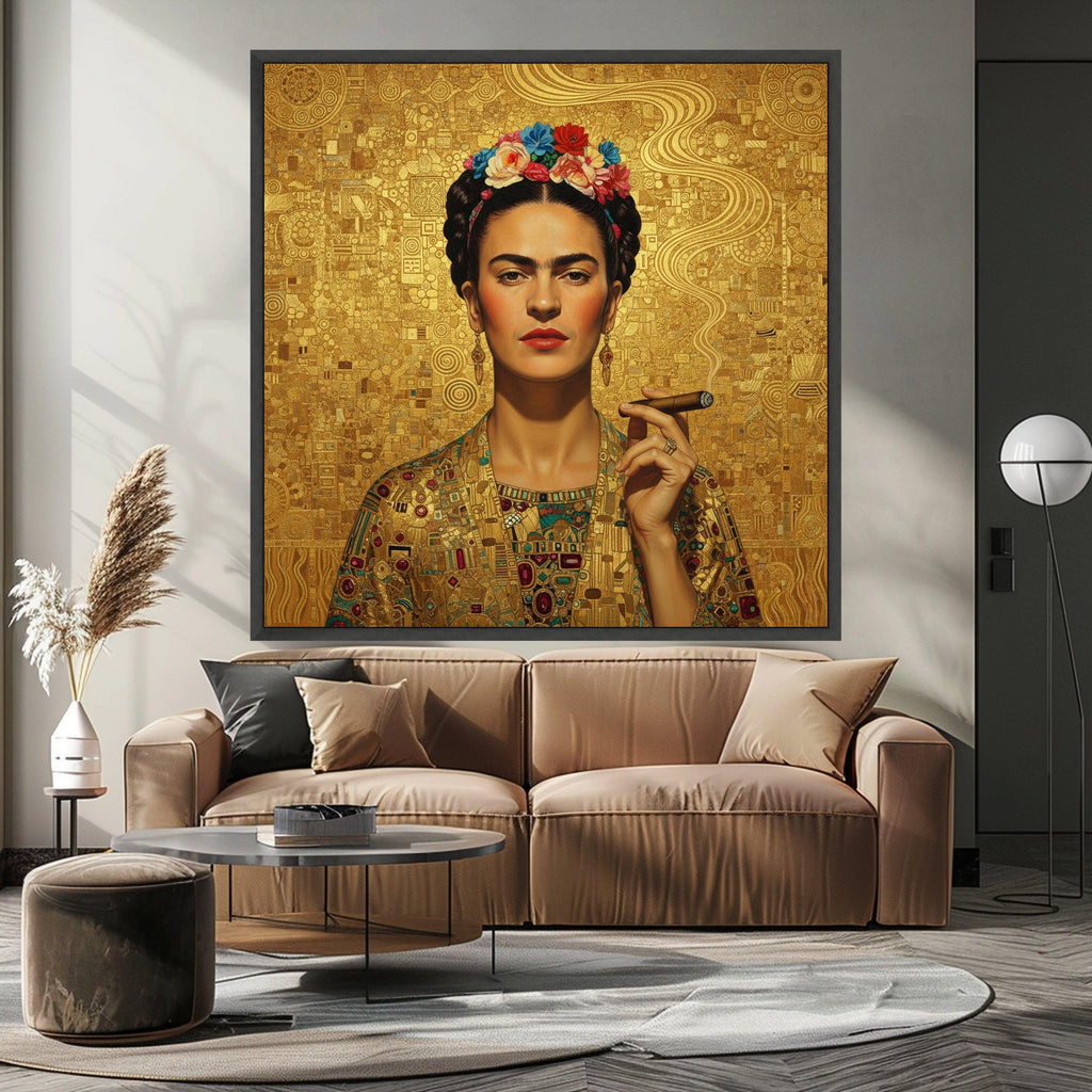 Frida Kahlo Inspired Portrait Canvas, Modern Abstract Gold Art, Floral Crown Wall Art, Cuban Cigar Smoking, Decorative Canvas Ready To Hang,