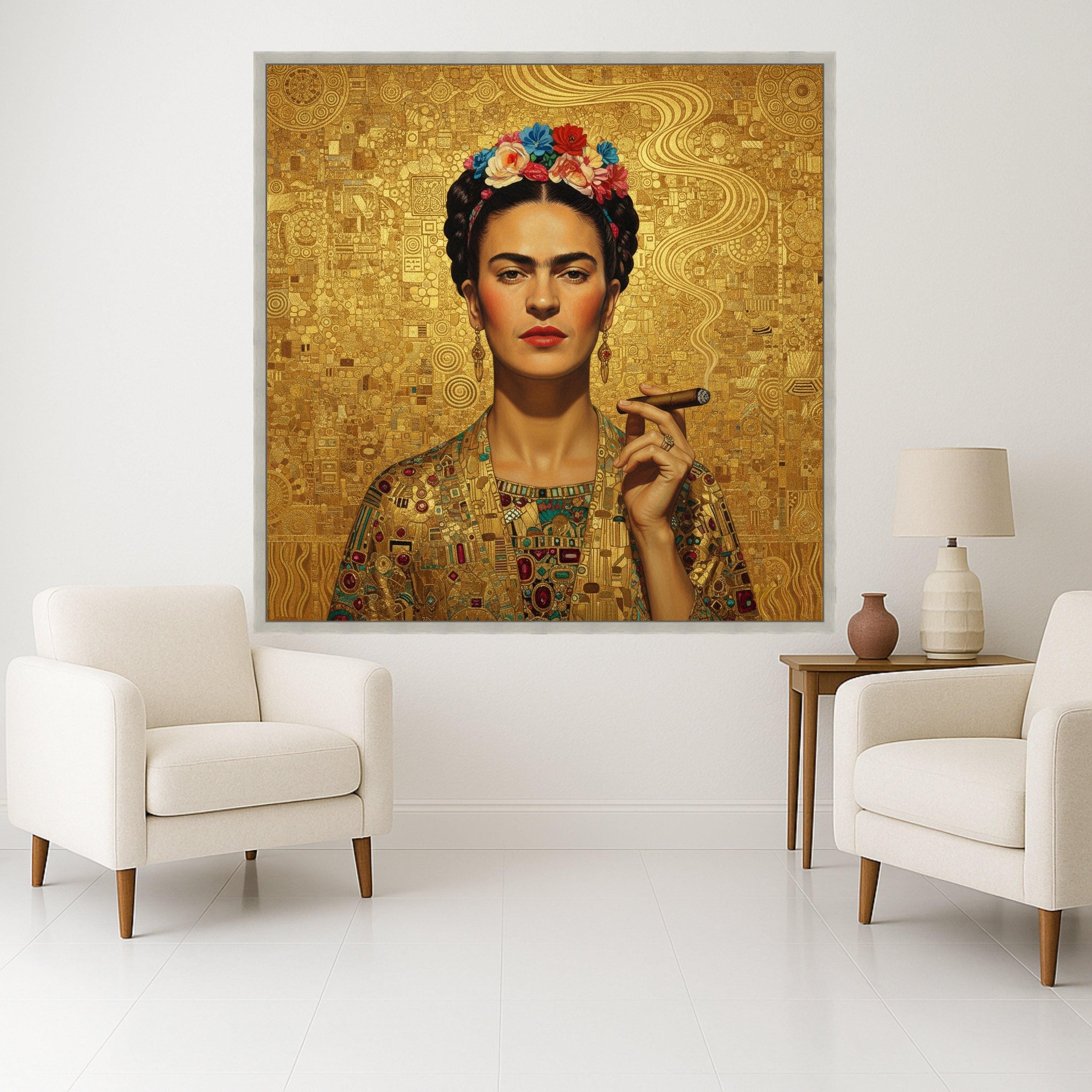 Frida Kahlo Inspired Portrait Canvas, Modern Abstract Gold Art, Floral Crown Wall Art, Cuban Cigar Smoking, Decorative Canvas Ready To Hang,