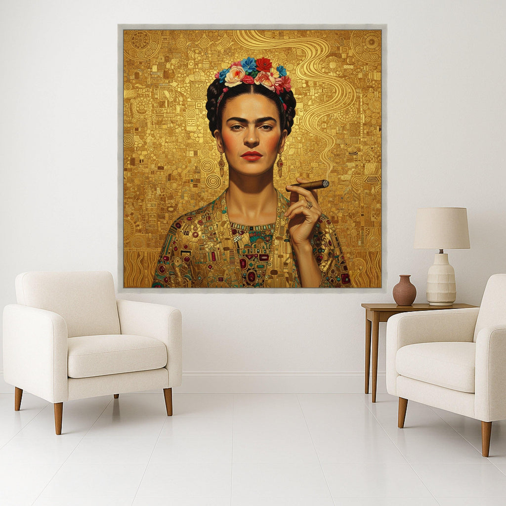Frida Kahlo Inspired Portrait Canvas, Modern Abstract Gold Art, Floral Crown Wall Art, Cuban Cigar Smoking, Decorative Canvas Ready To Hang,