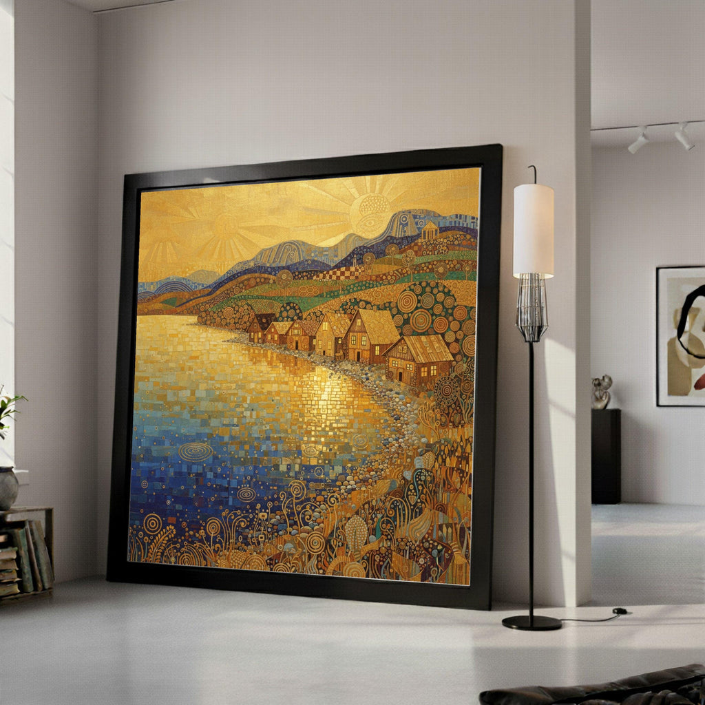 Golden Sunrise Village, Abstract Coastal Canvas, Decorative Landscape Wall Art, Modern Art Painting, Nature Canvas, Home Wall Ready To Hang,