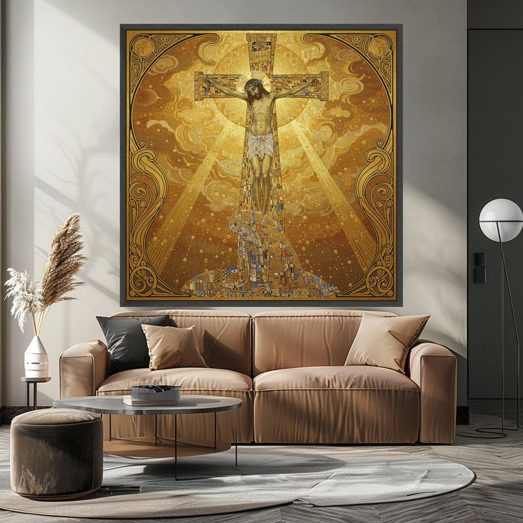 Gustav Klimt Inspired Crucifixion Canvas Wall Art, Religious Christian Canvas, Gold Toned Spiritual Home Decoration, Sacred Ready To Hang,