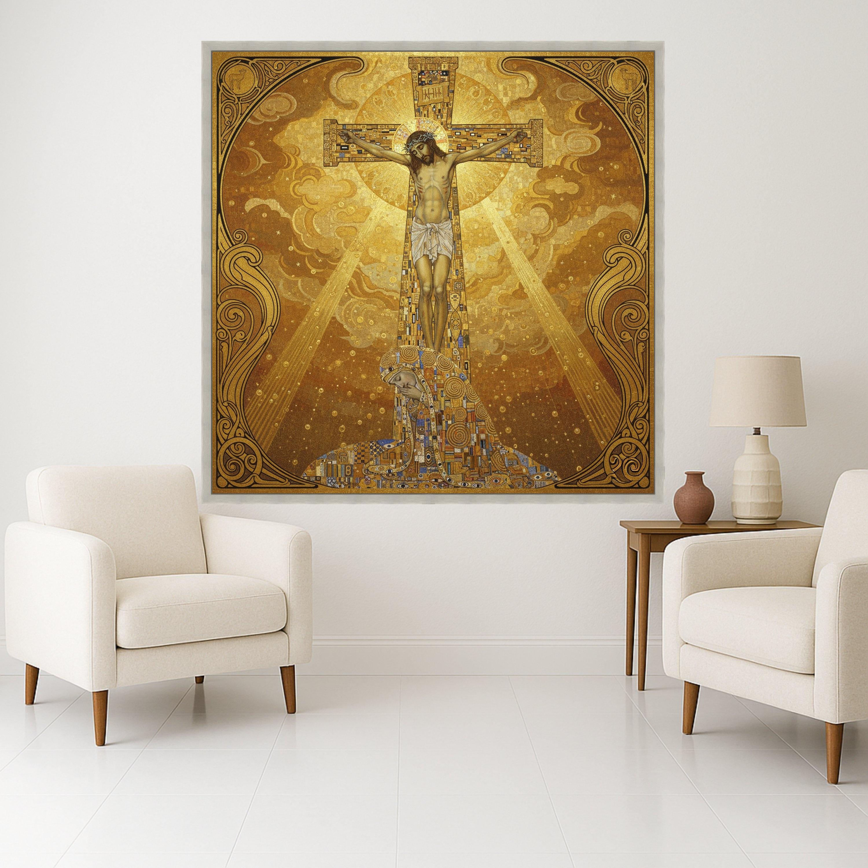 Gustav Klimt Inspired Crucifixion Canvas Wall Art, Religious Christian Canvas, Gold Toned Spiritual Home Decoration, Sacred Ready To Hang,