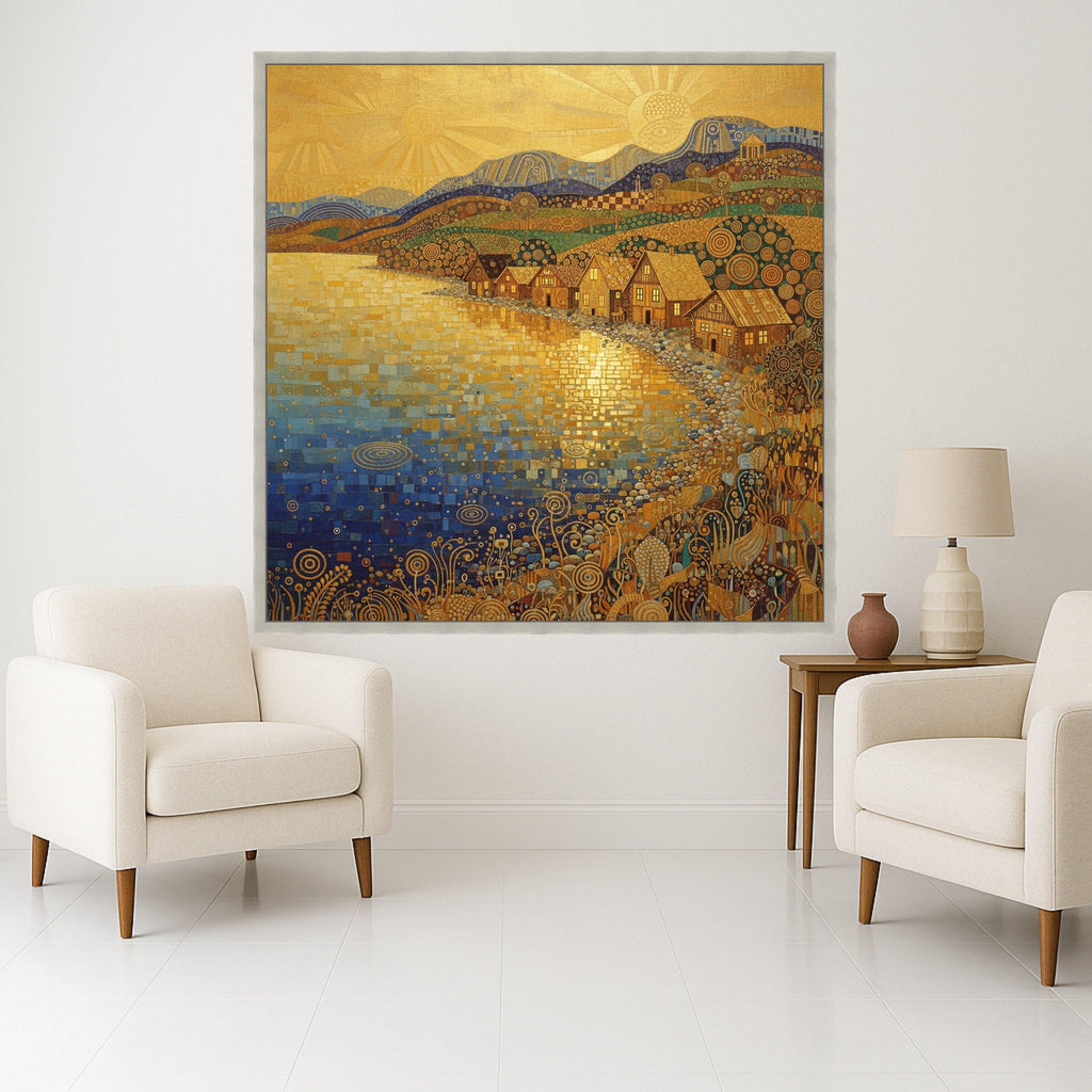 Golden Sunrise Village, Abstract Coastal Canvas, Decorative Landscape Wall Art, Modern Art Painting, Nature Canvas, Home Wall Ready To Hang,