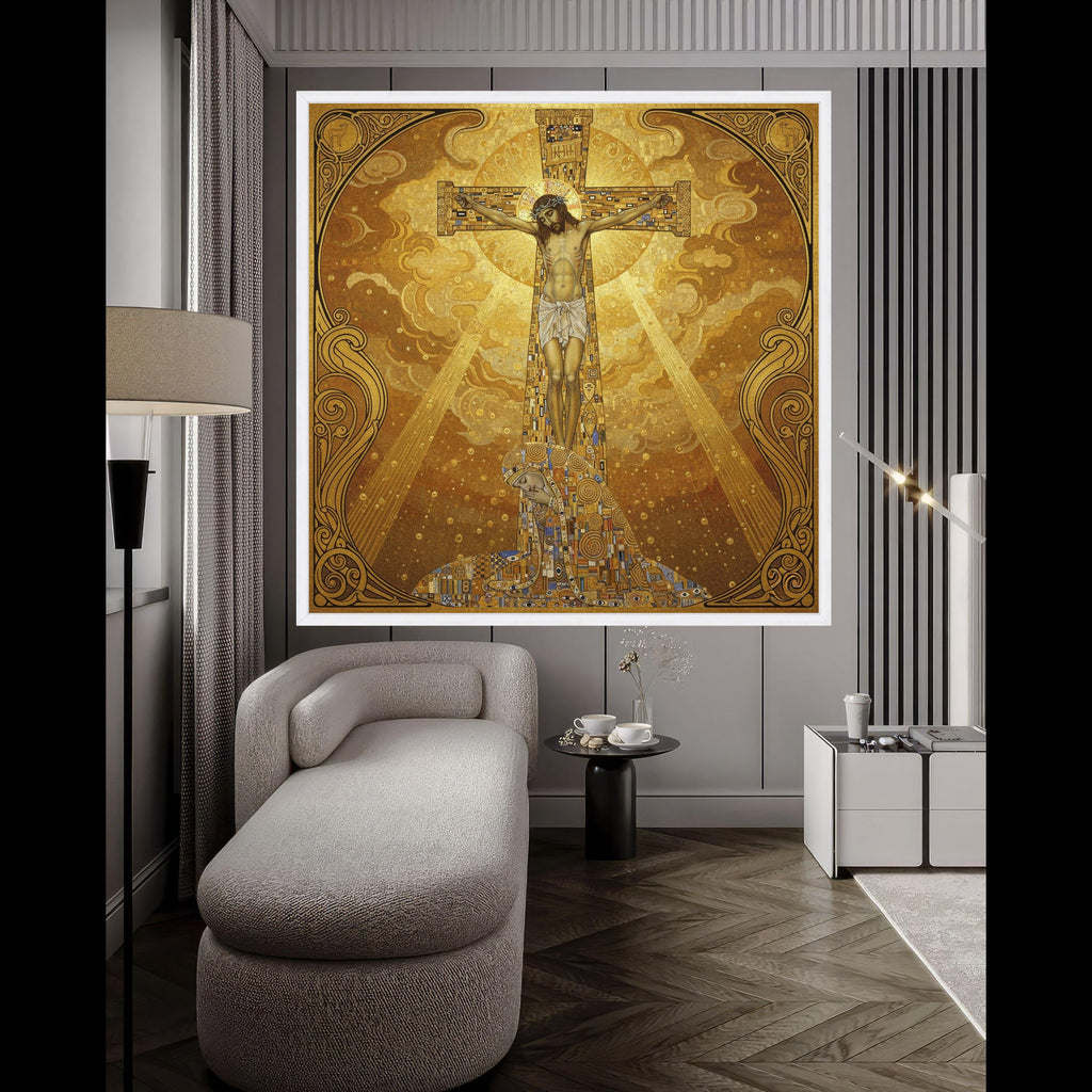 Gustav Klimt Inspired Crucifixion Canvas Wall Art, Religious Christian Canvas, Gold Toned Spiritual Home Decoration, Sacred Ready To Hang,