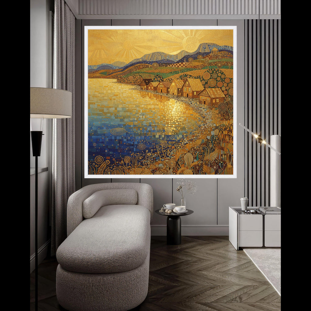 Golden Sunrise Village, Abstract Coastal Canvas, Decorative Landscape Wall Art, Modern Art Painting, Nature Canvas, Home Wall Ready To Hang,