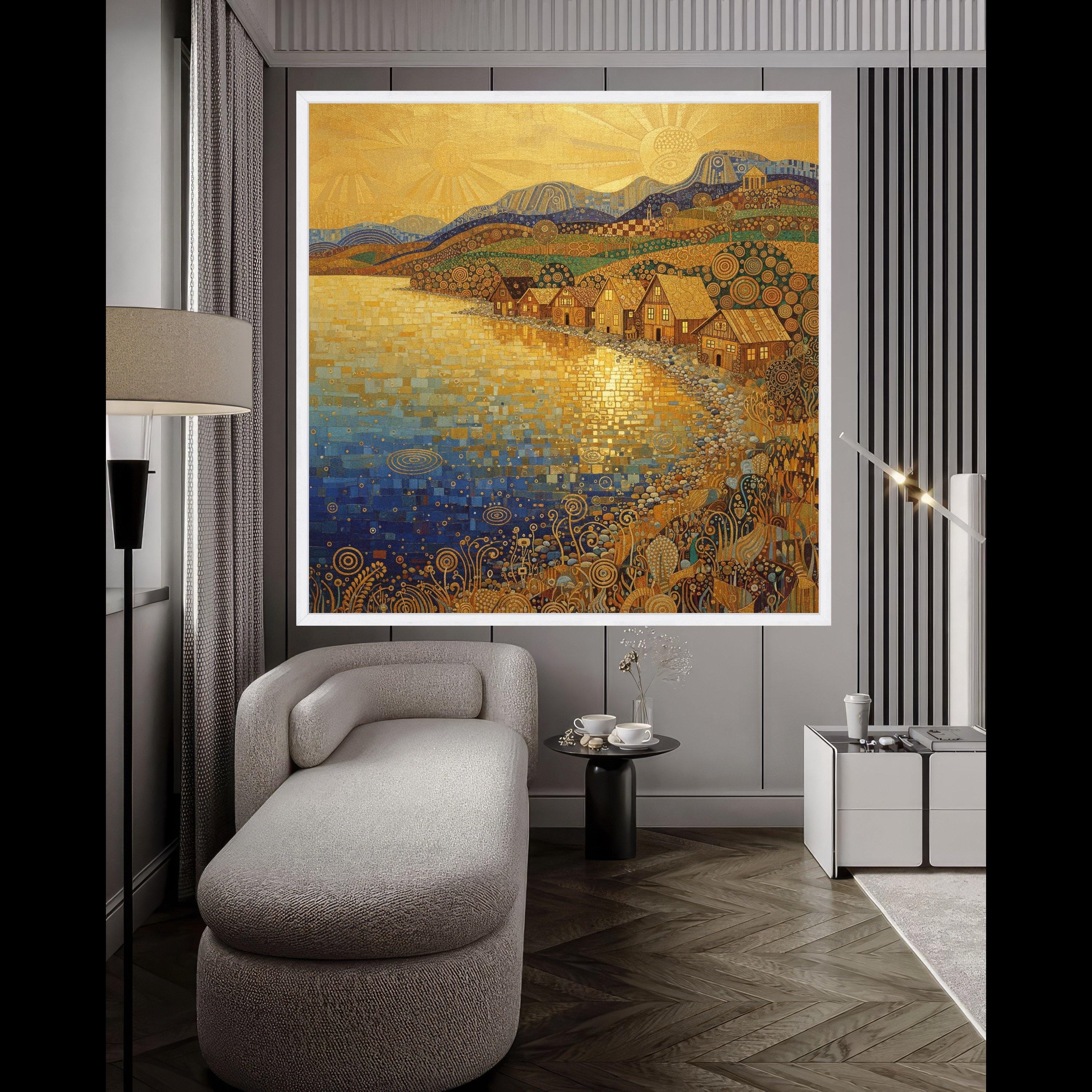 Golden Sunrise Village, Abstract Coastal Canvas, Decorative Landscape Wall Art, Modern Art Painting, Nature Canvas, Home Wall Ready To Hang,