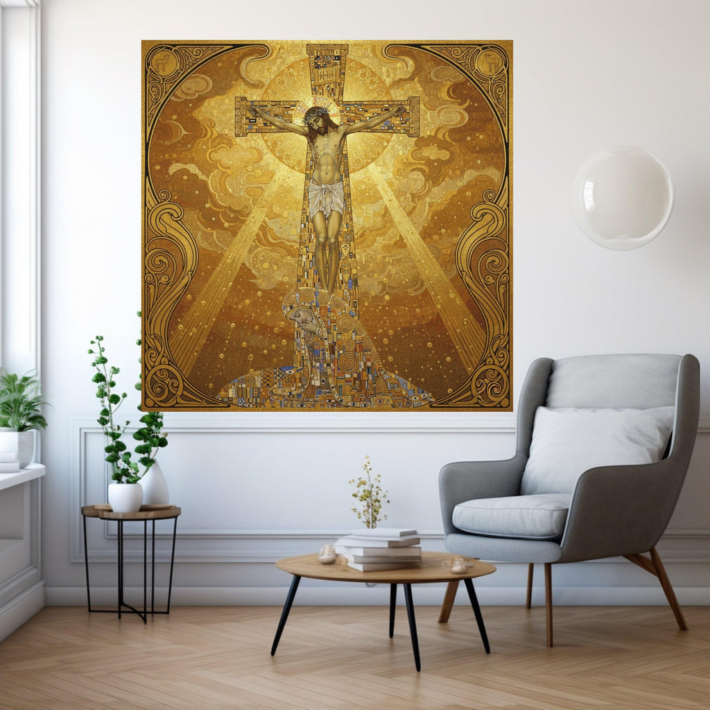 Gustav Klimt Inspired Crucifixion Canvas Wall Art, Religious Christian Canvas, Gold Toned Spiritual Home Decoration, Sacred Ready To Hang,