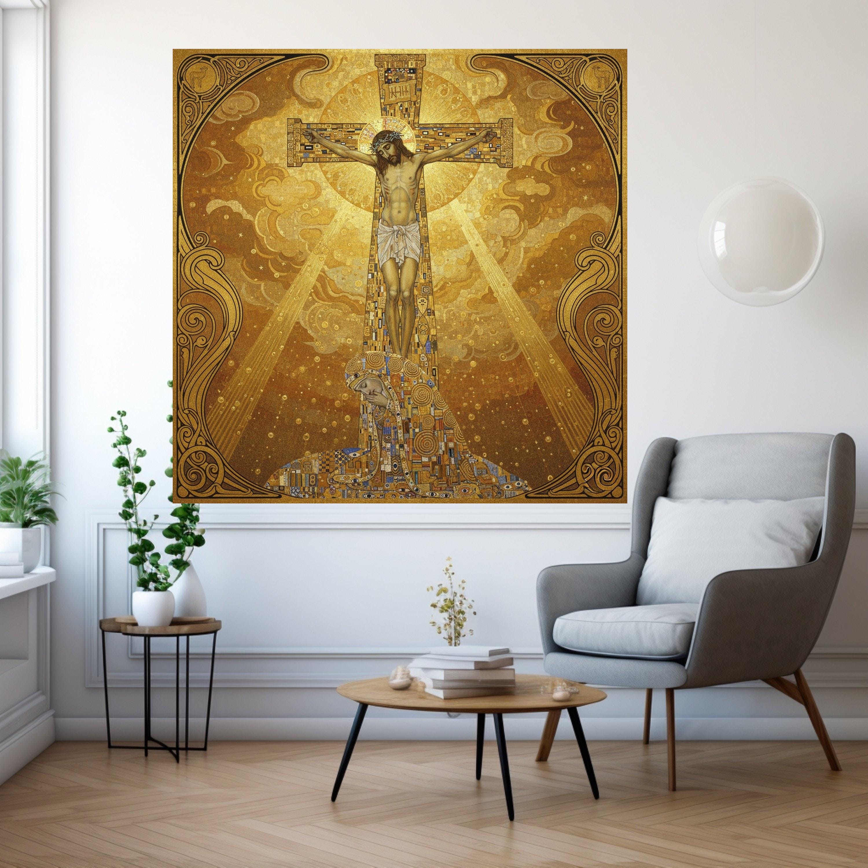 Gustav Klimt Inspired Crucifixion Canvas Wall Art, Religious Christian Canvas, Gold Toned Spiritual Home Decoration, Sacred Ready To Hang,