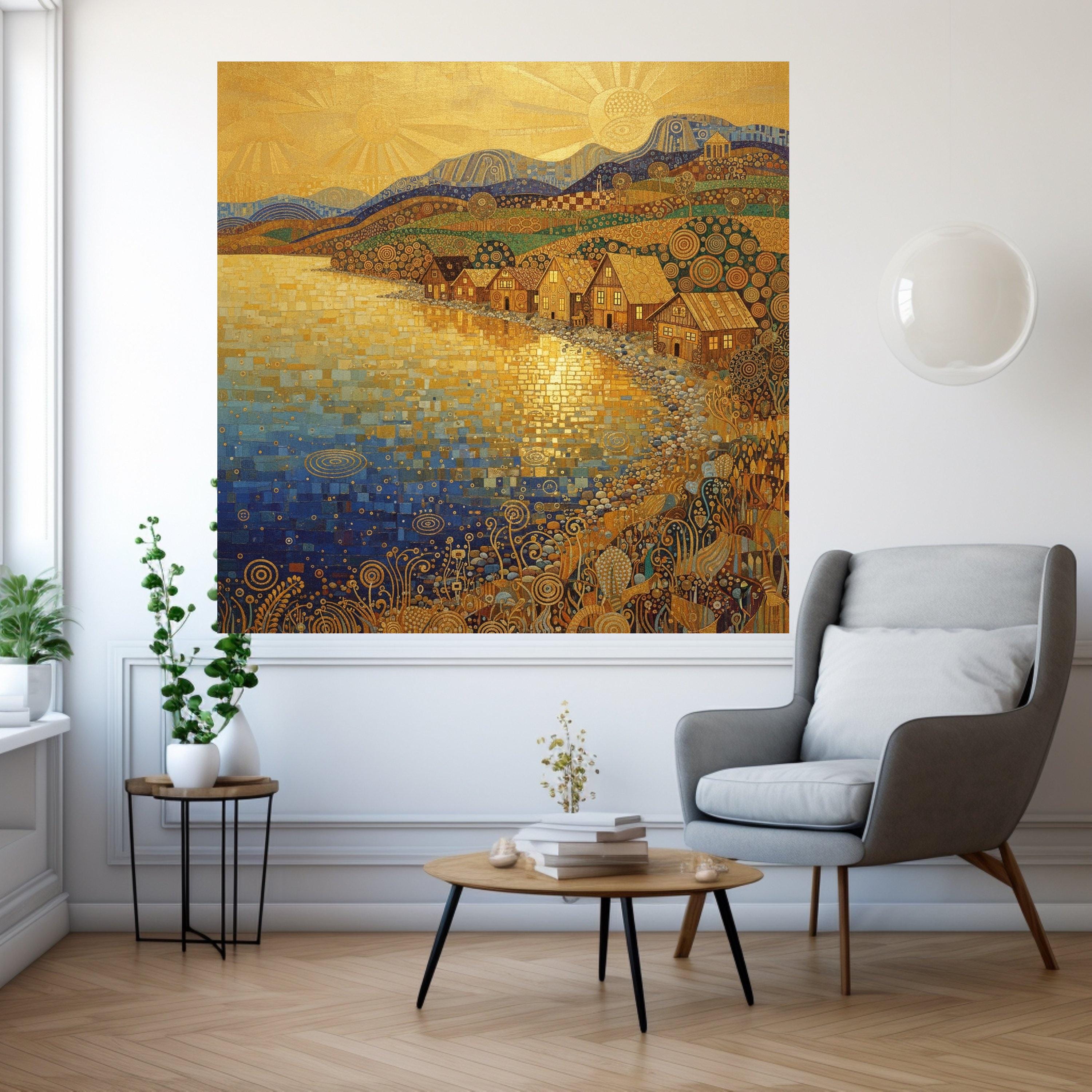 Golden Sunrise Village, Abstract Coastal Canvas, Decorative Landscape Wall Art, Modern Art Painting, Nature Canvas, Home Wall Ready To Hang,