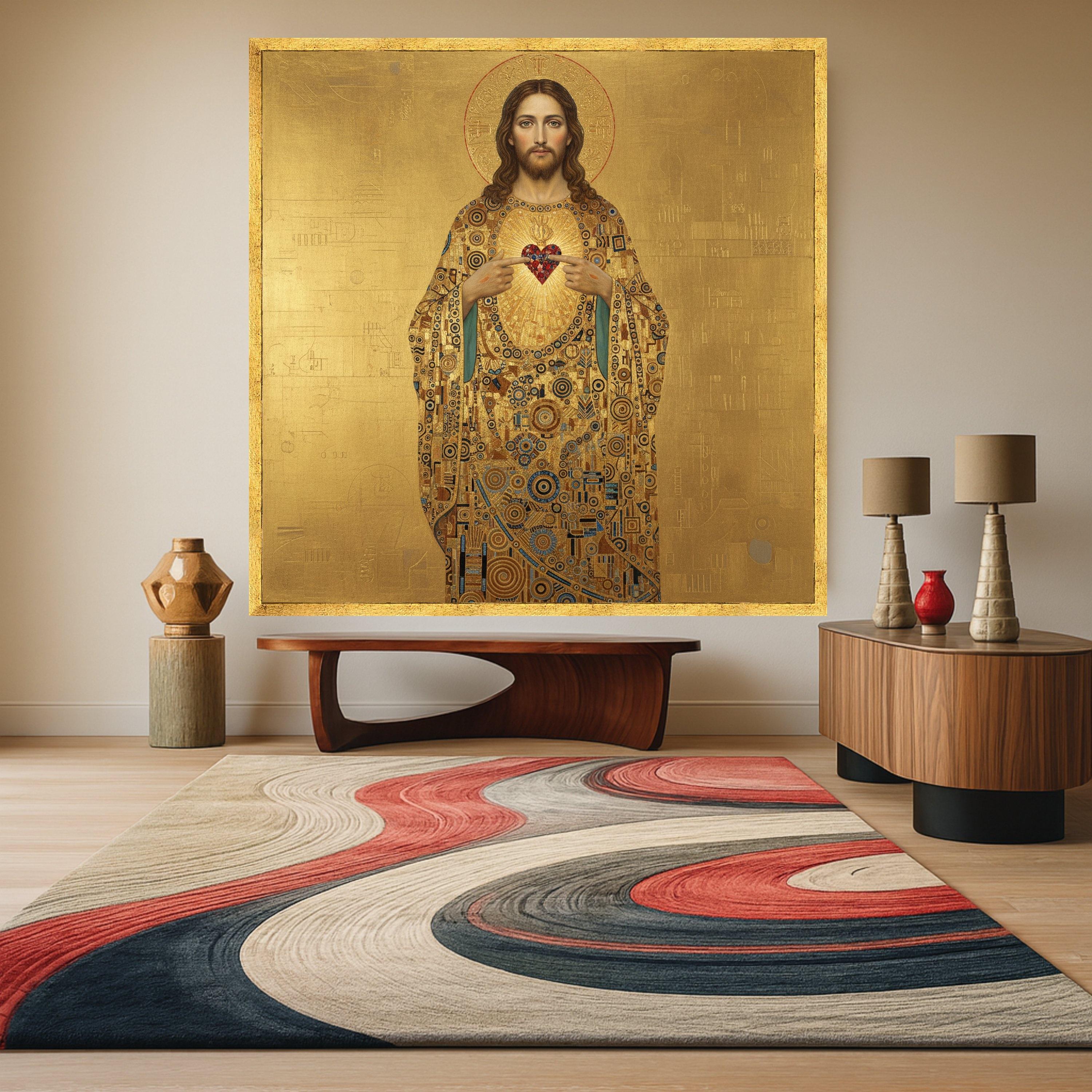 Sacred Heart of Jesus Canvas Wall Art, Religious Icon Painting, Christian Spiritual Decor, Gold Byzantine Style Home Ready To Hang,