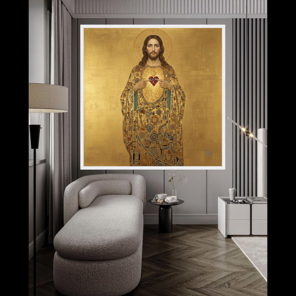 Sacred Heart of Jesus Canvas Wall Art, Religious Icon Painting, Christian Spiritual Decor, Gold Byzantine Style Home Ready To Hang,