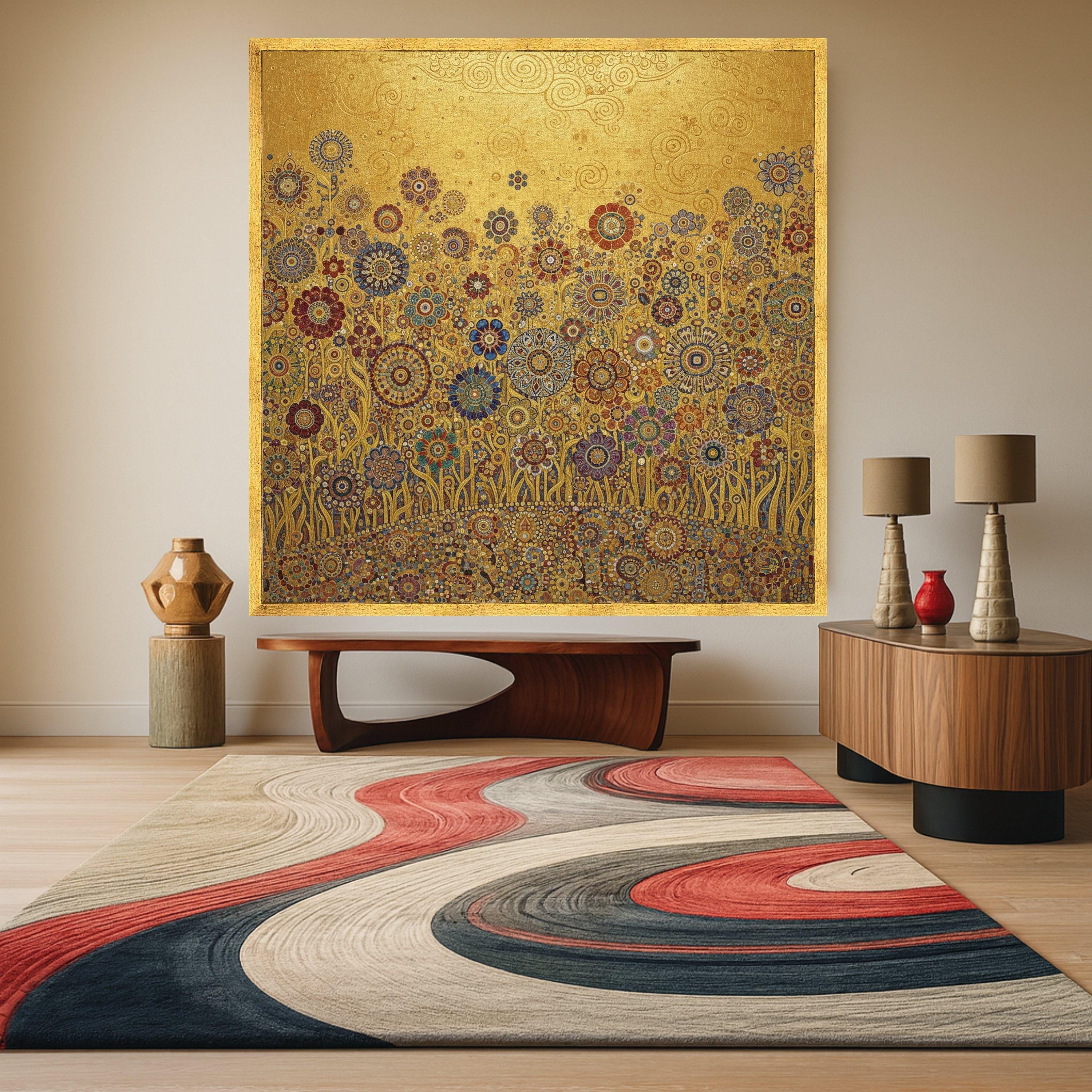 Gustav Klimt Floral Gold Canvas, Decorative Blooming Flowers Wall Art, Luxury Home Decor Canvas, Ready to Hang Artwork Ready To Hang,